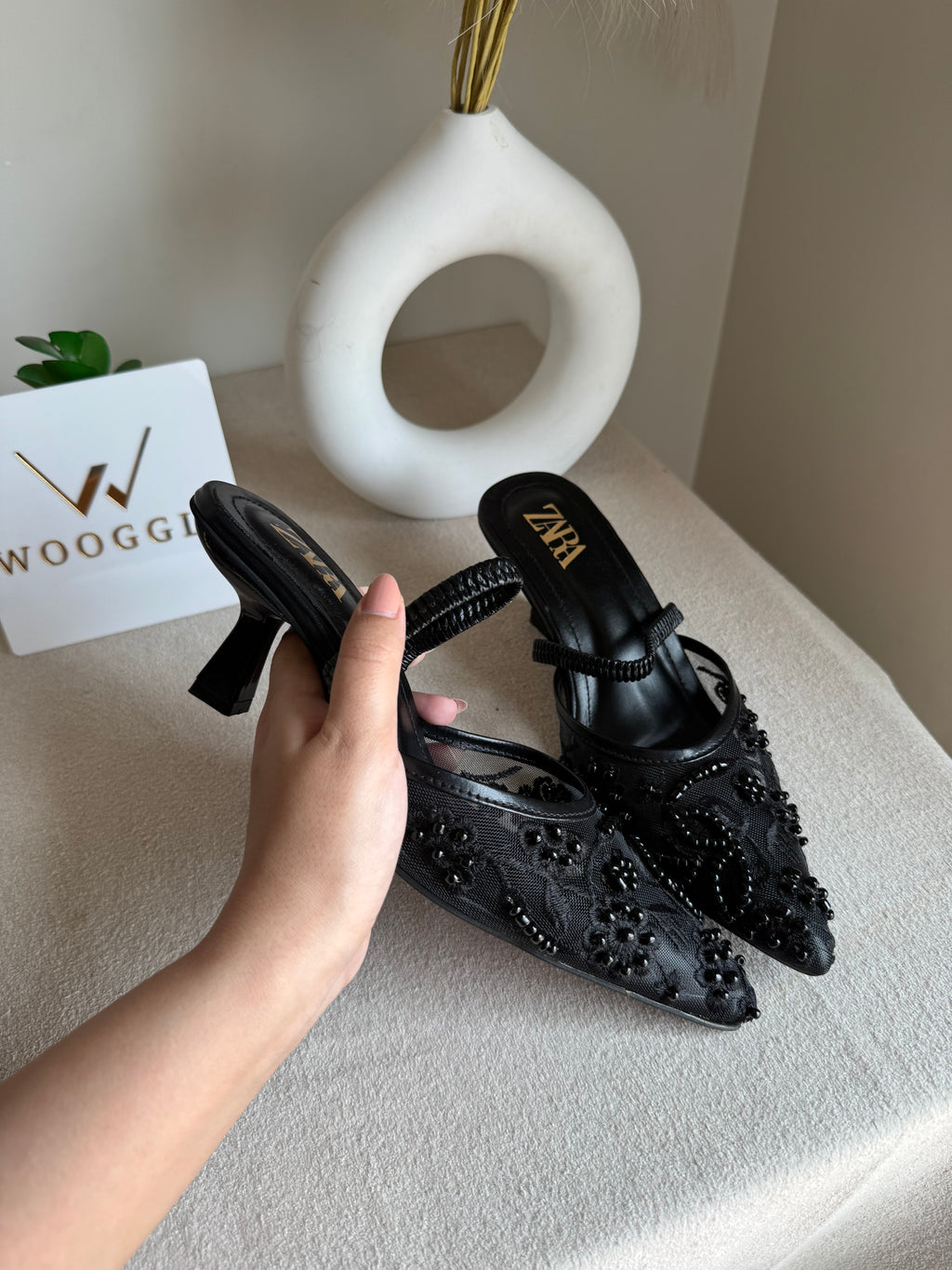 Zara Embroidered Net Heels - Black