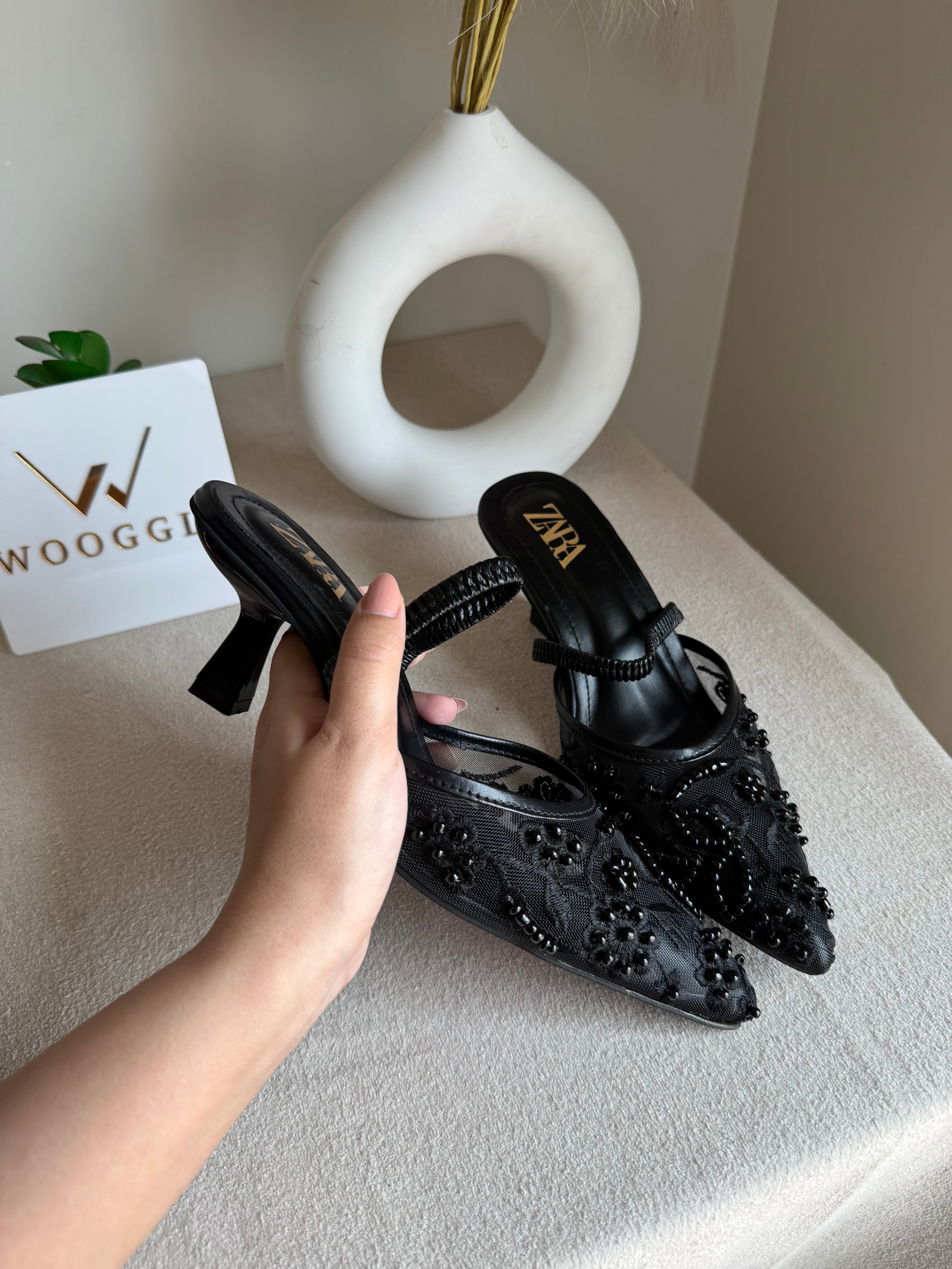 Zara Embroidered Net Heels - Black