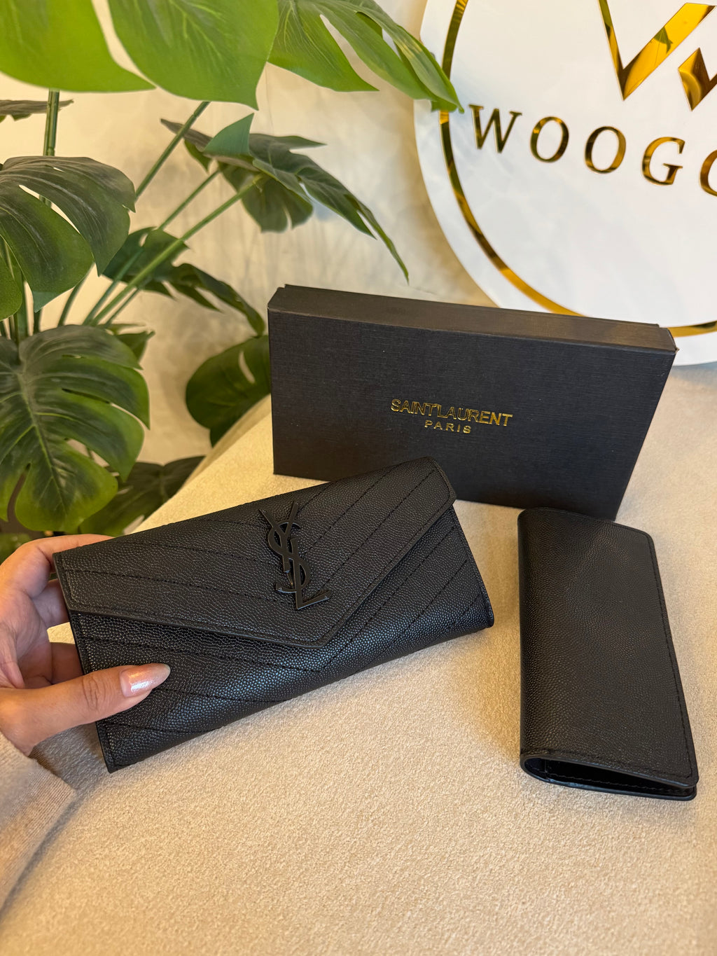 YSL Wallet with Card Holder Set (Black on Black) - Box Packing