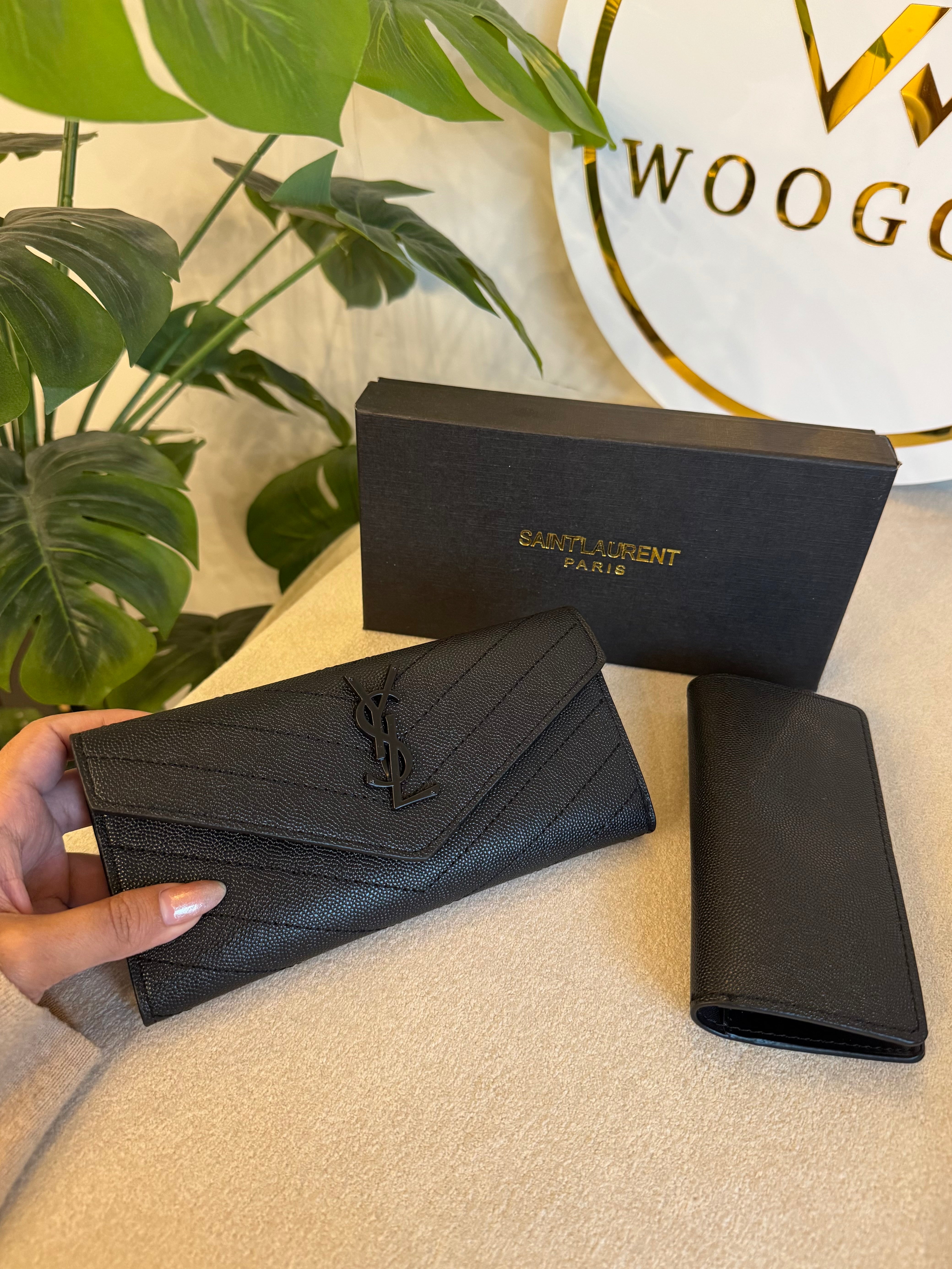 YSL Wallet with Card Holder Set (Black on Black) - Box Packing