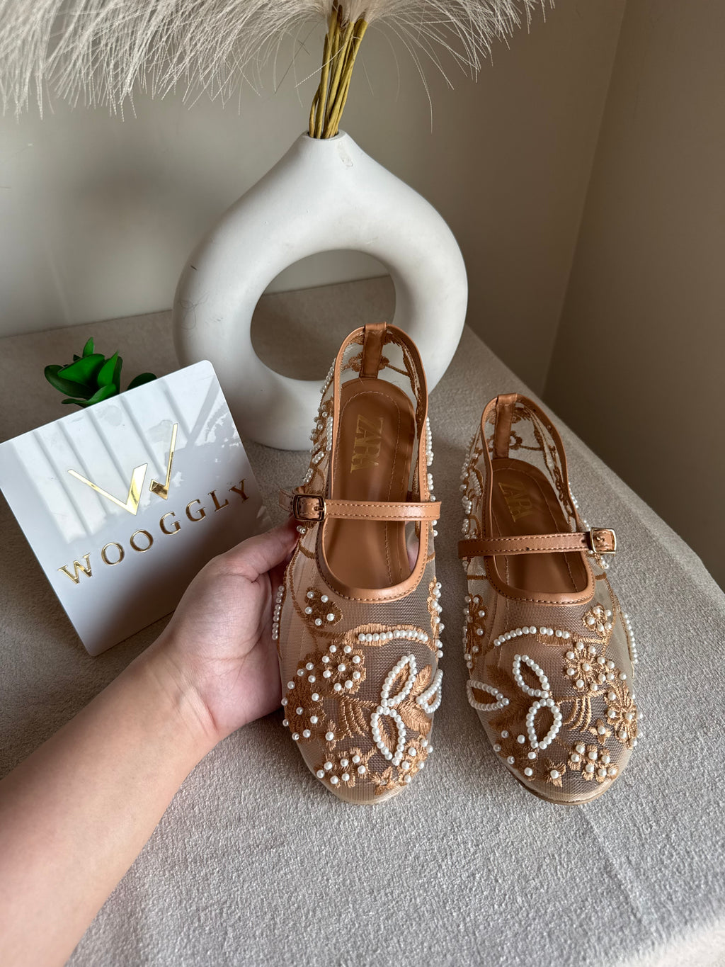 Zara Embroided Net Pumps - Beige