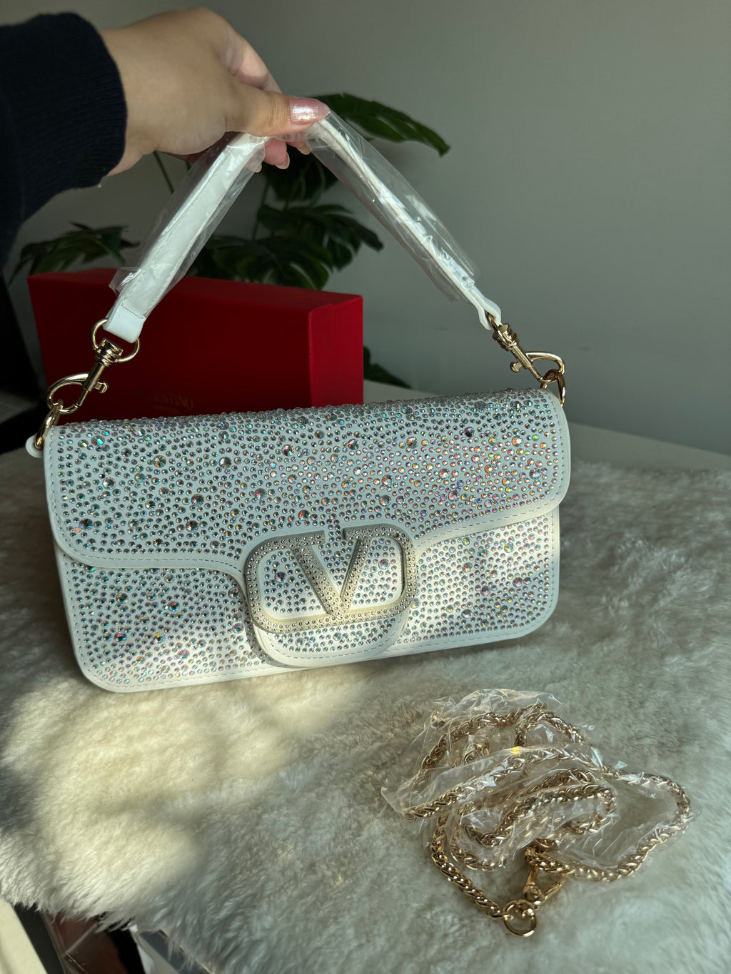 Valentino Loco Rhinestone PREMIUM Handbag with Box Packing - White & Silver