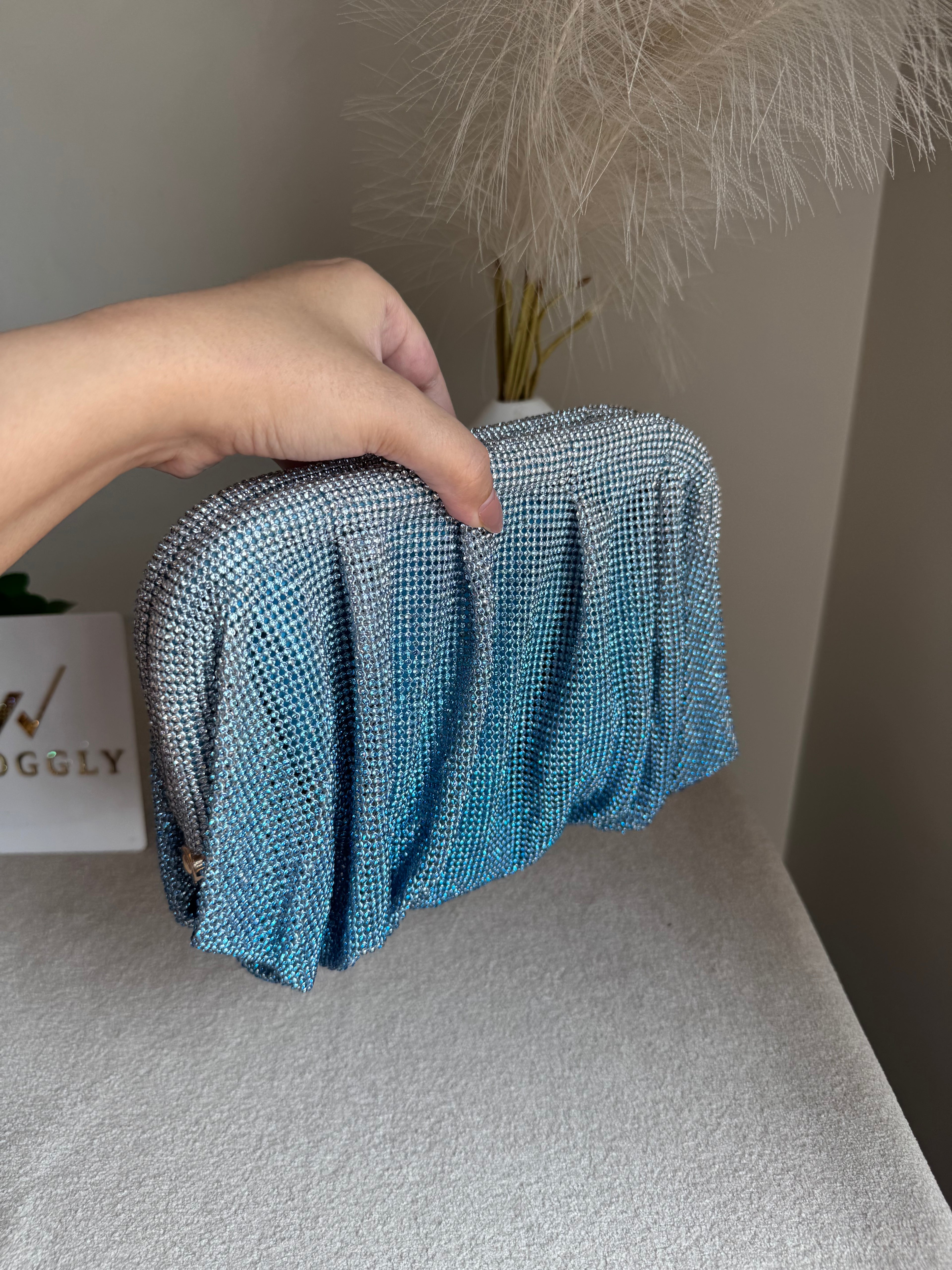 Viral High Quality Rhinestone Clutch with Chain - Blue