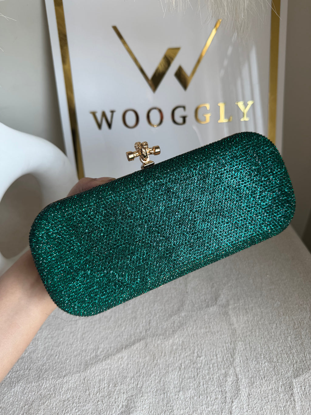 Bottega Shimmer Clutch - Green with Chain