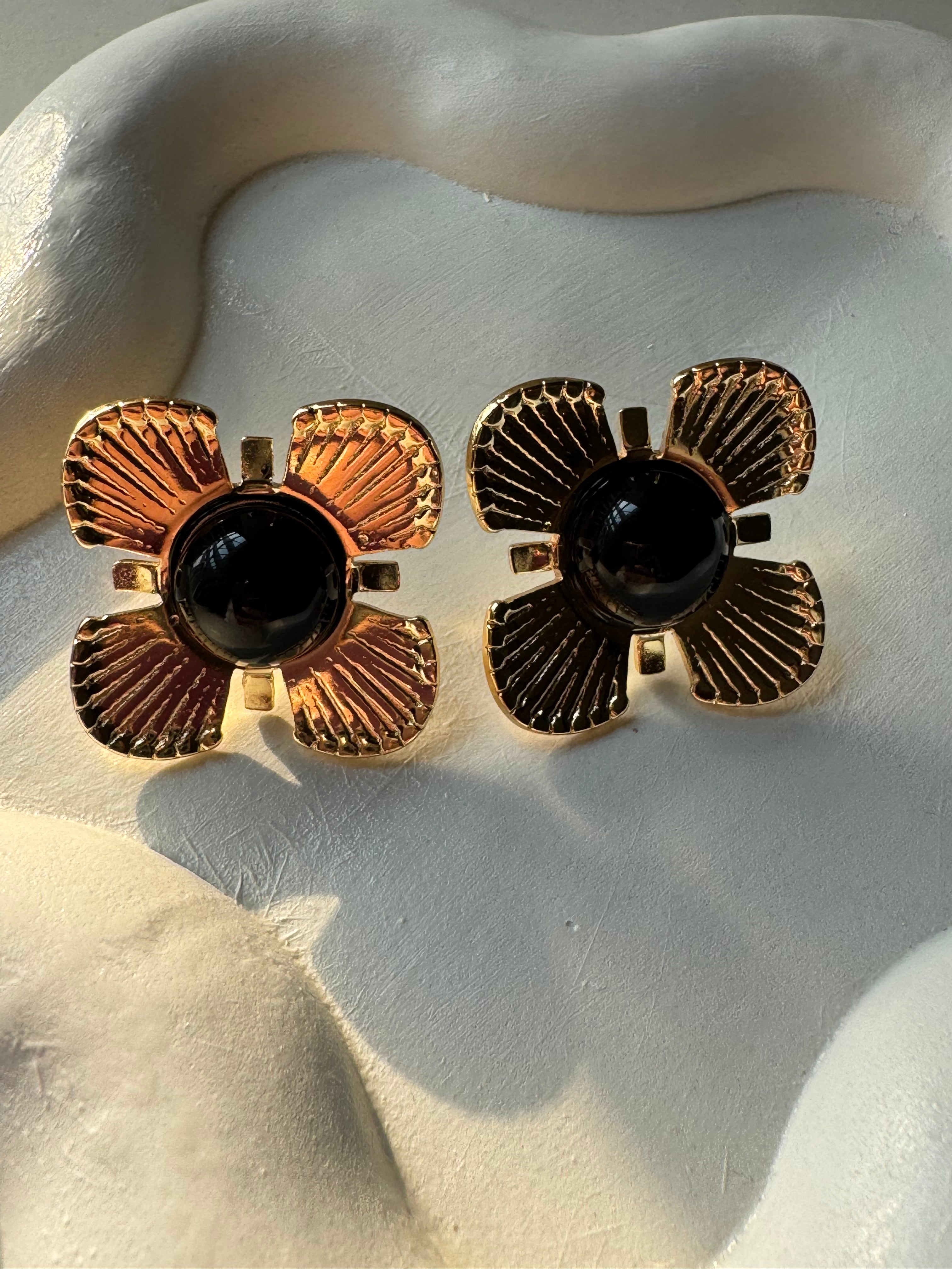 Black Floral Studs - 18K Gold Plated