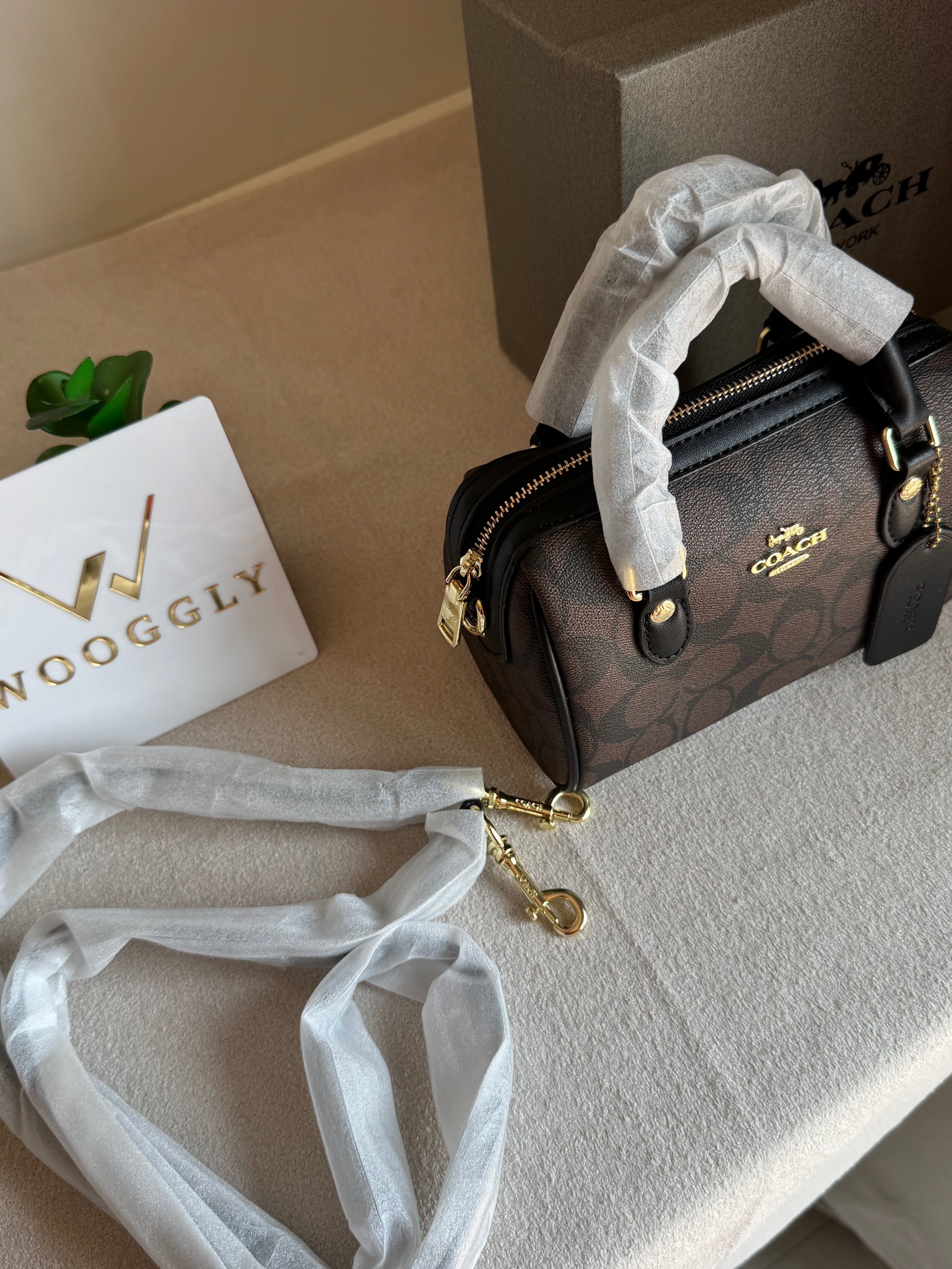 COACH Mini Duffle Bag PREMIUM with Long Strap Signature Brown - BOX PACKING