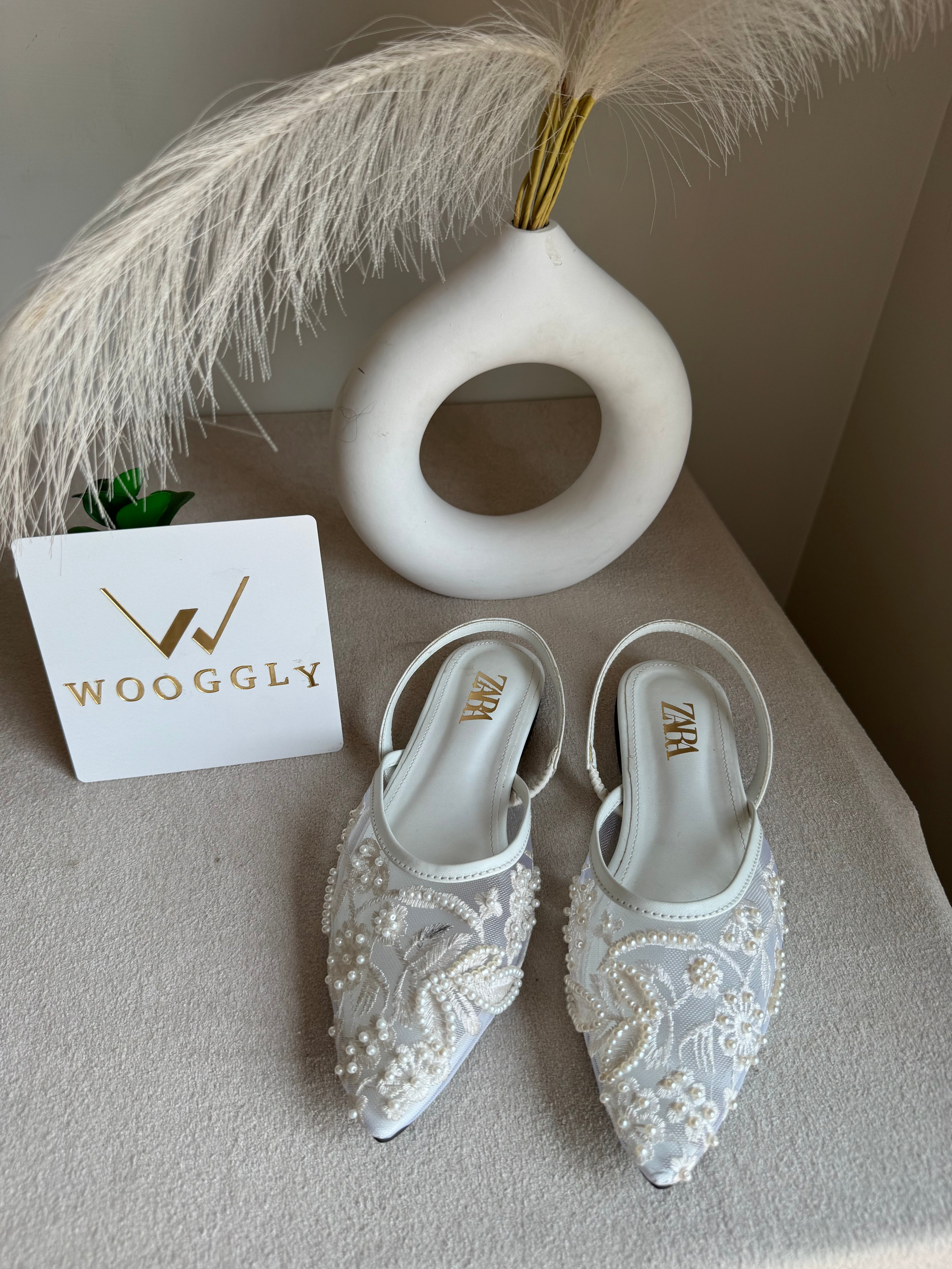 Zara Embroidered Mesh Slingback Flats  - White