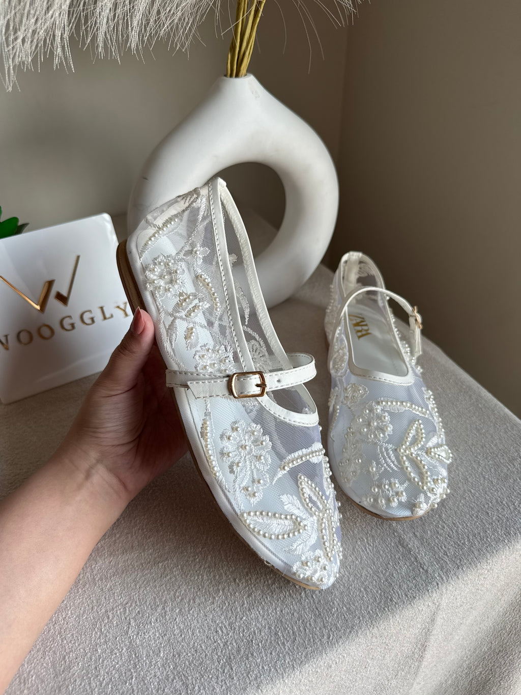 Zara Embroided Net Pumps - White
