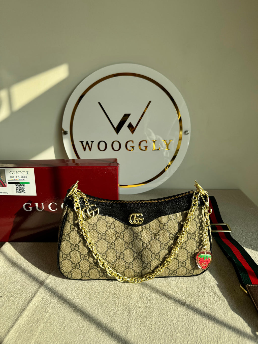 GUCCI Sling with Long Strap & Strawberry Charm - Signature Black with Box Packing
