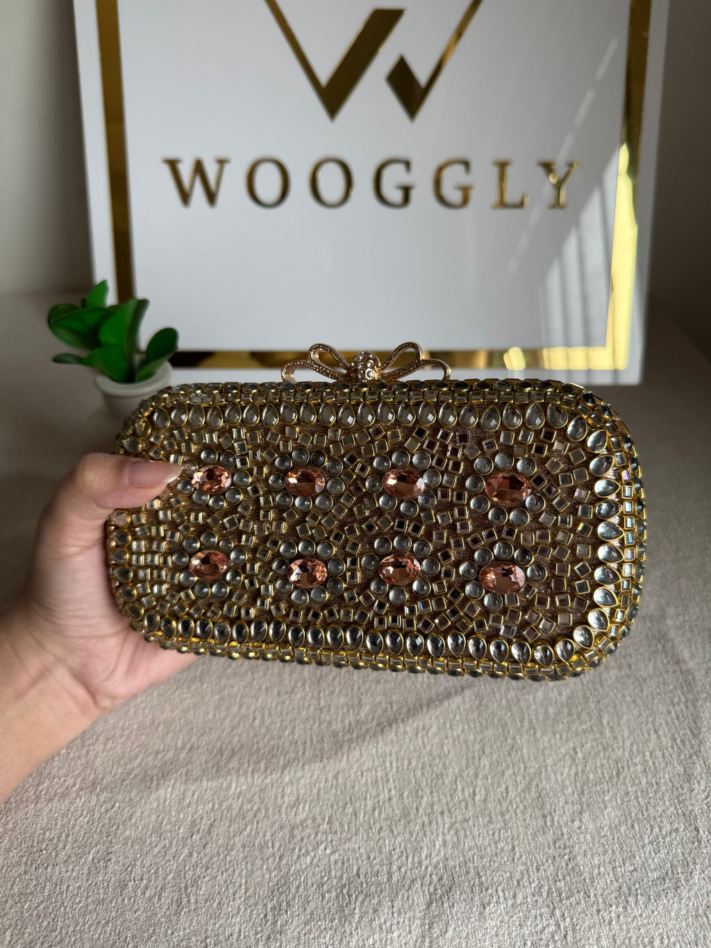 Kundan Stone Clutch - Rose Gold Stones