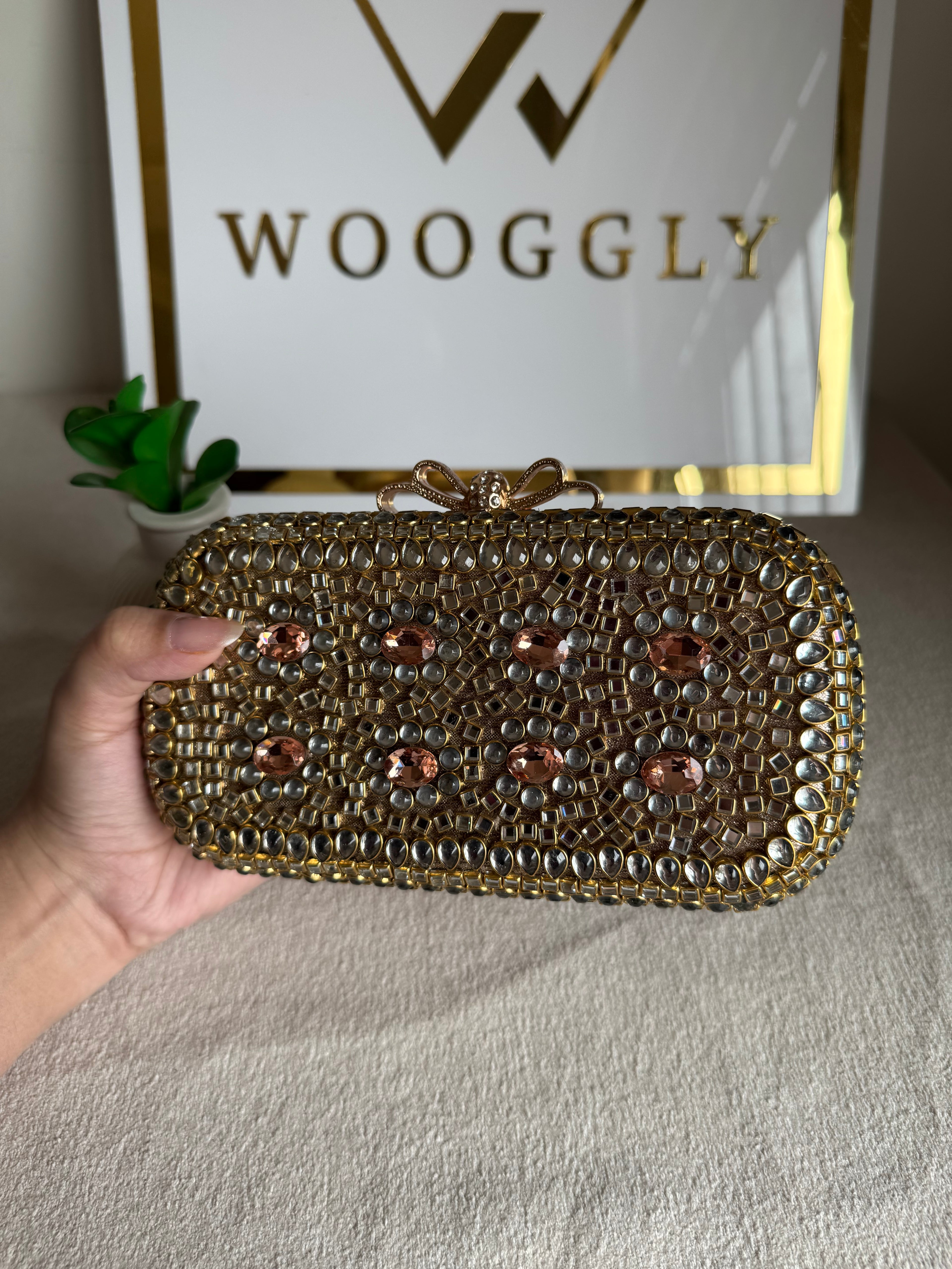 Kundan Stone Clutch - Rose Gold Stones