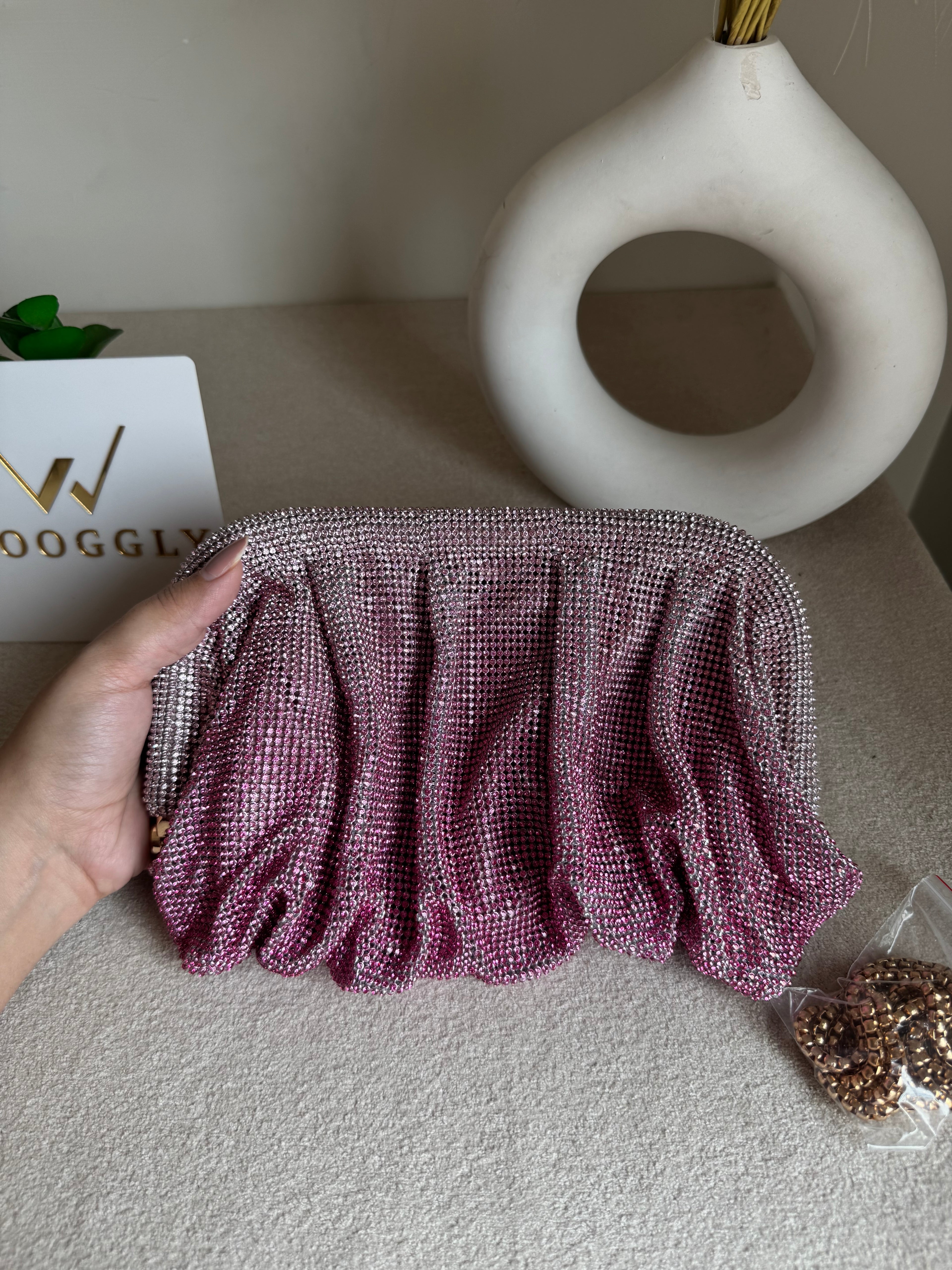 Viral High Quality Rhinestone Clutch with Chain - Pink