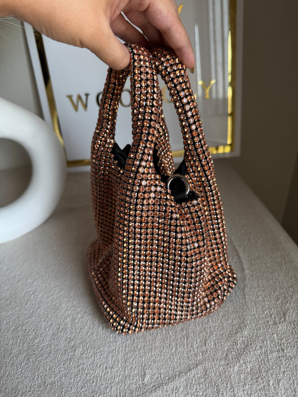 Party Wear Rhinestone Bucket Bag - Rose Gold