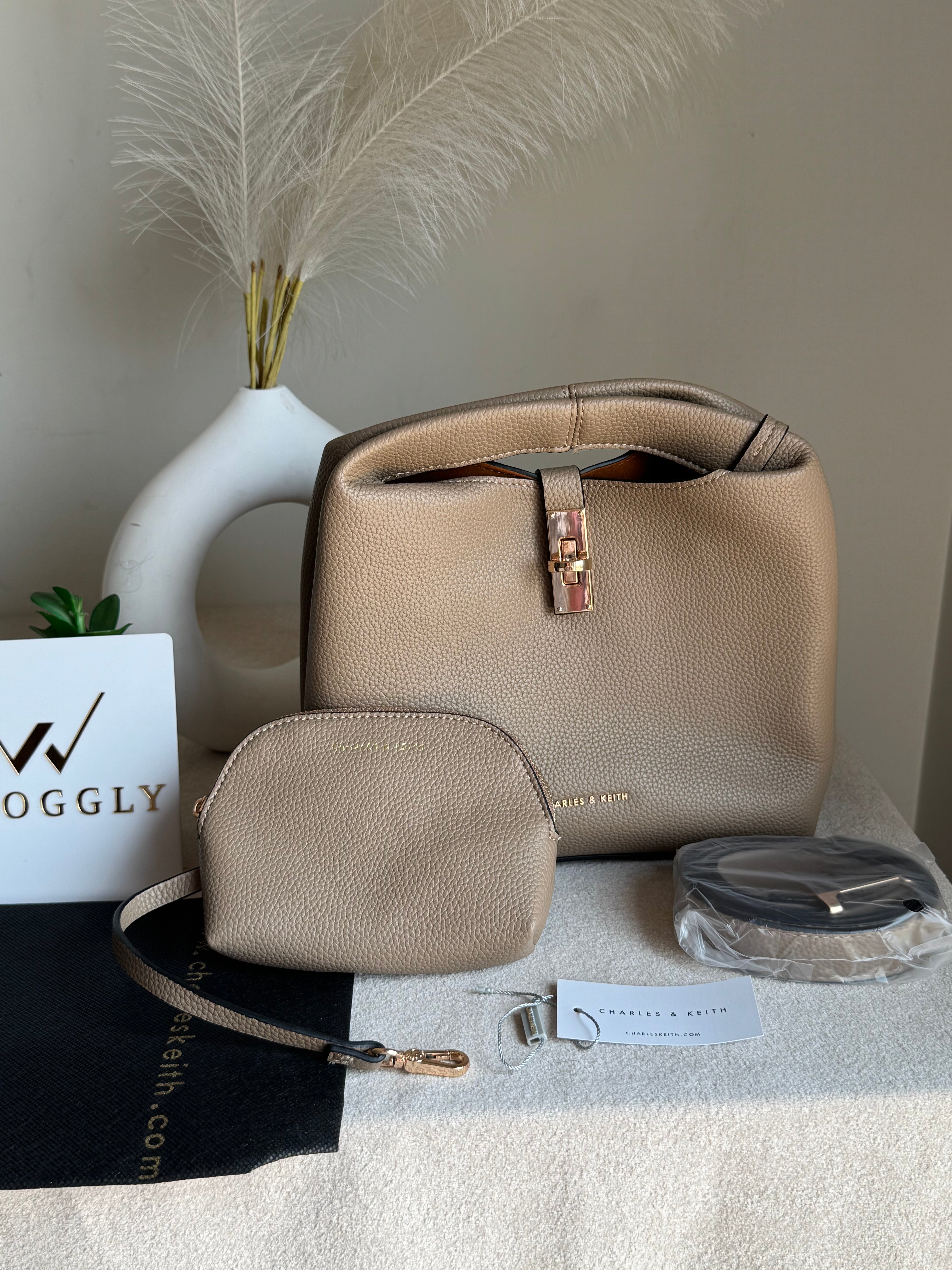 Premium C & K Bucket Bag with Small Pouch & PROPER PACKING Beige