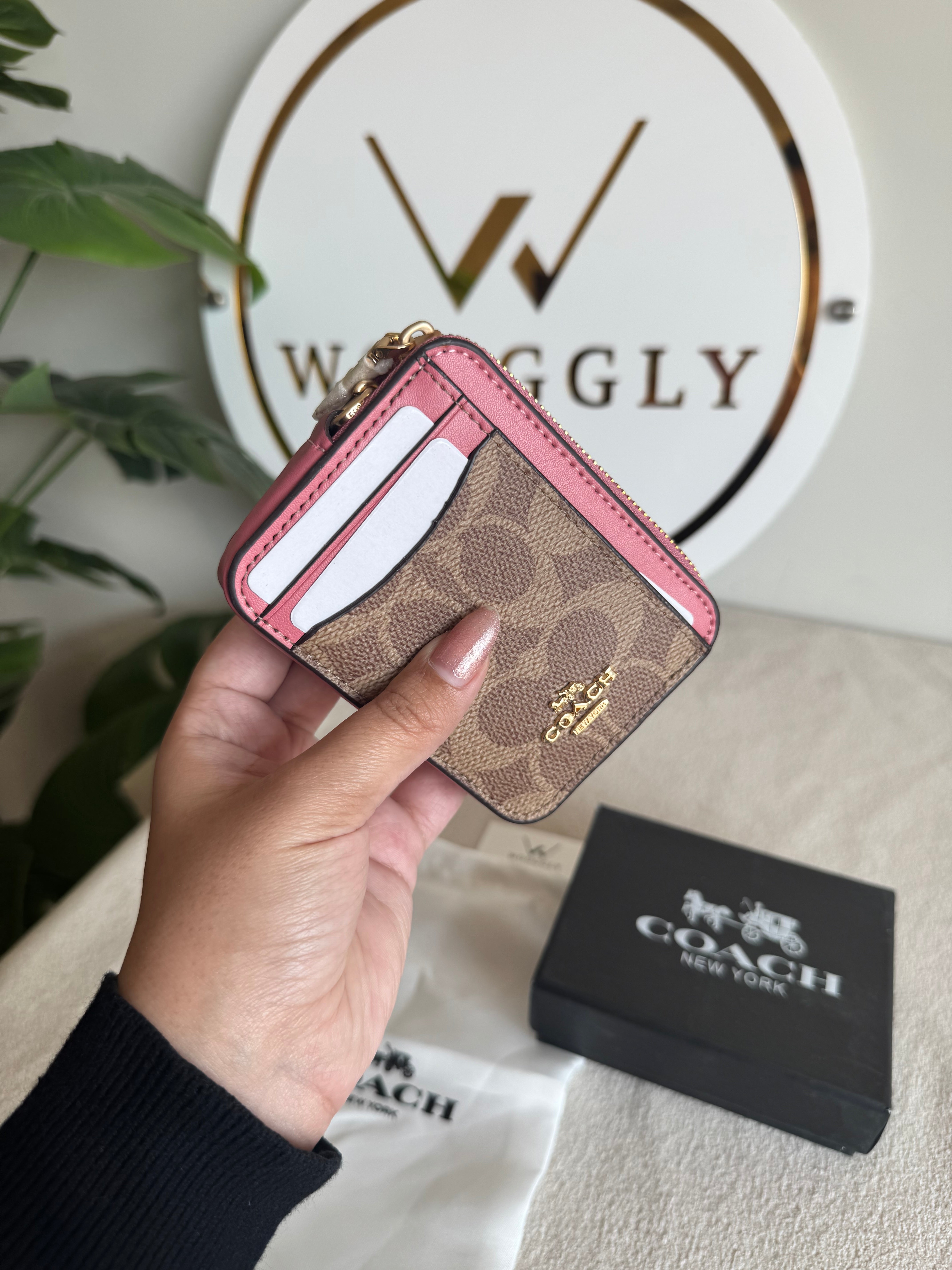 Coach Zip Card Case with Box Packing - Apricot Brown with Pink