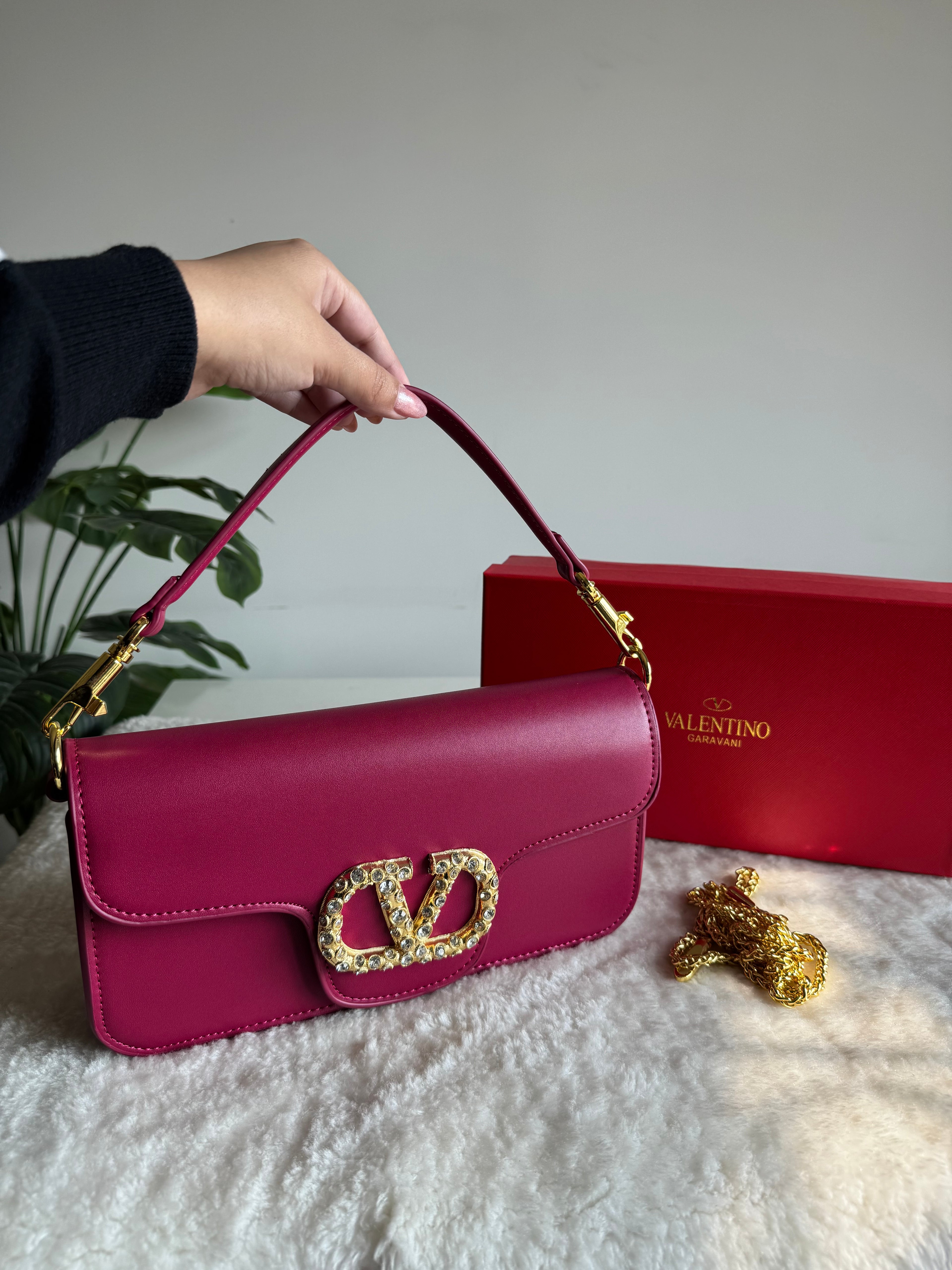 Valentino Loco with Jewel Logo PREMIUM Handbag with Box Packing - Hot Pink