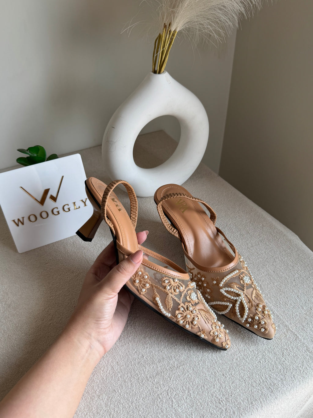 Zara Embroidered Net Heels - Beige