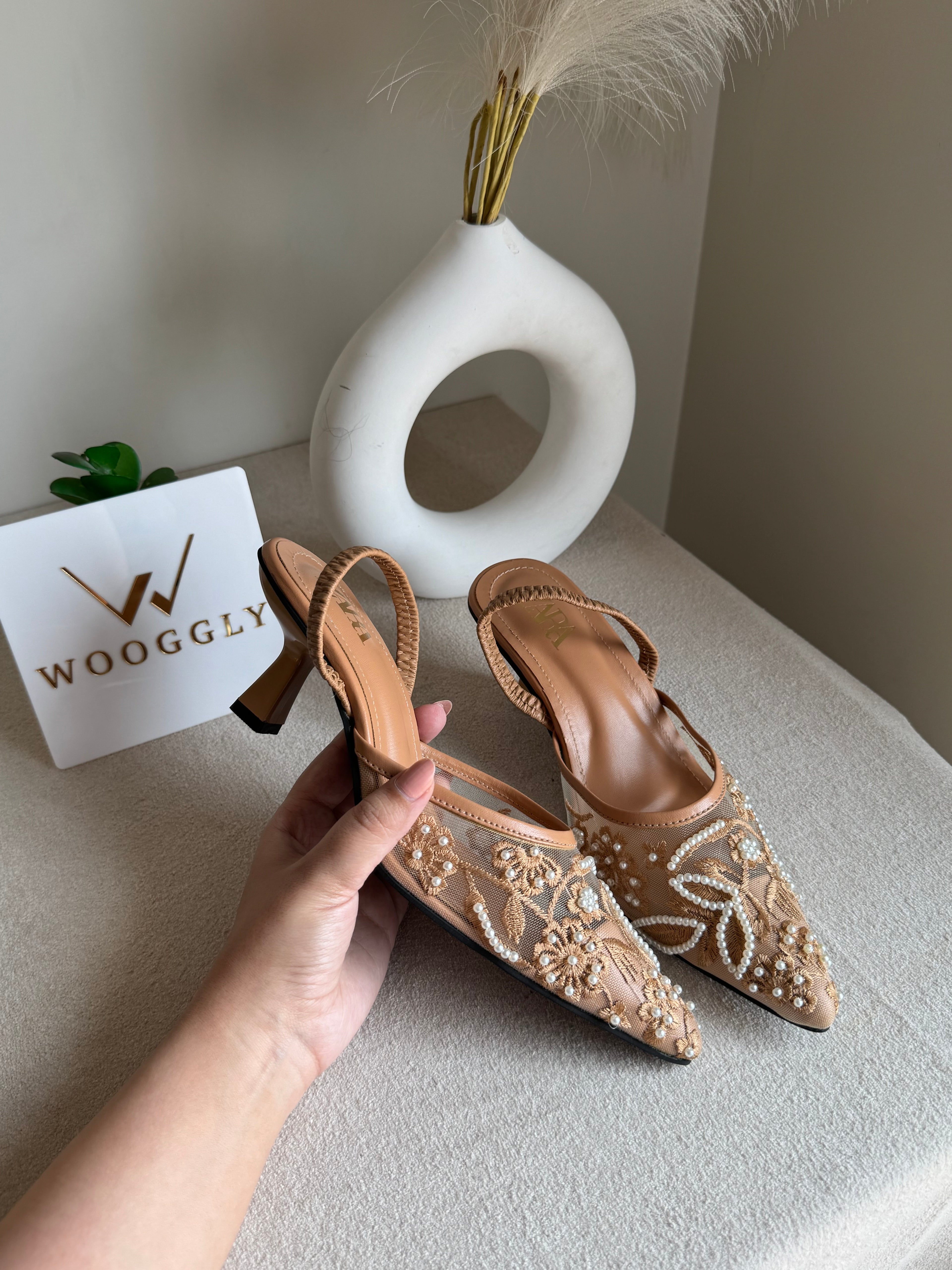 Zara Embroidered Net Heels - Beige