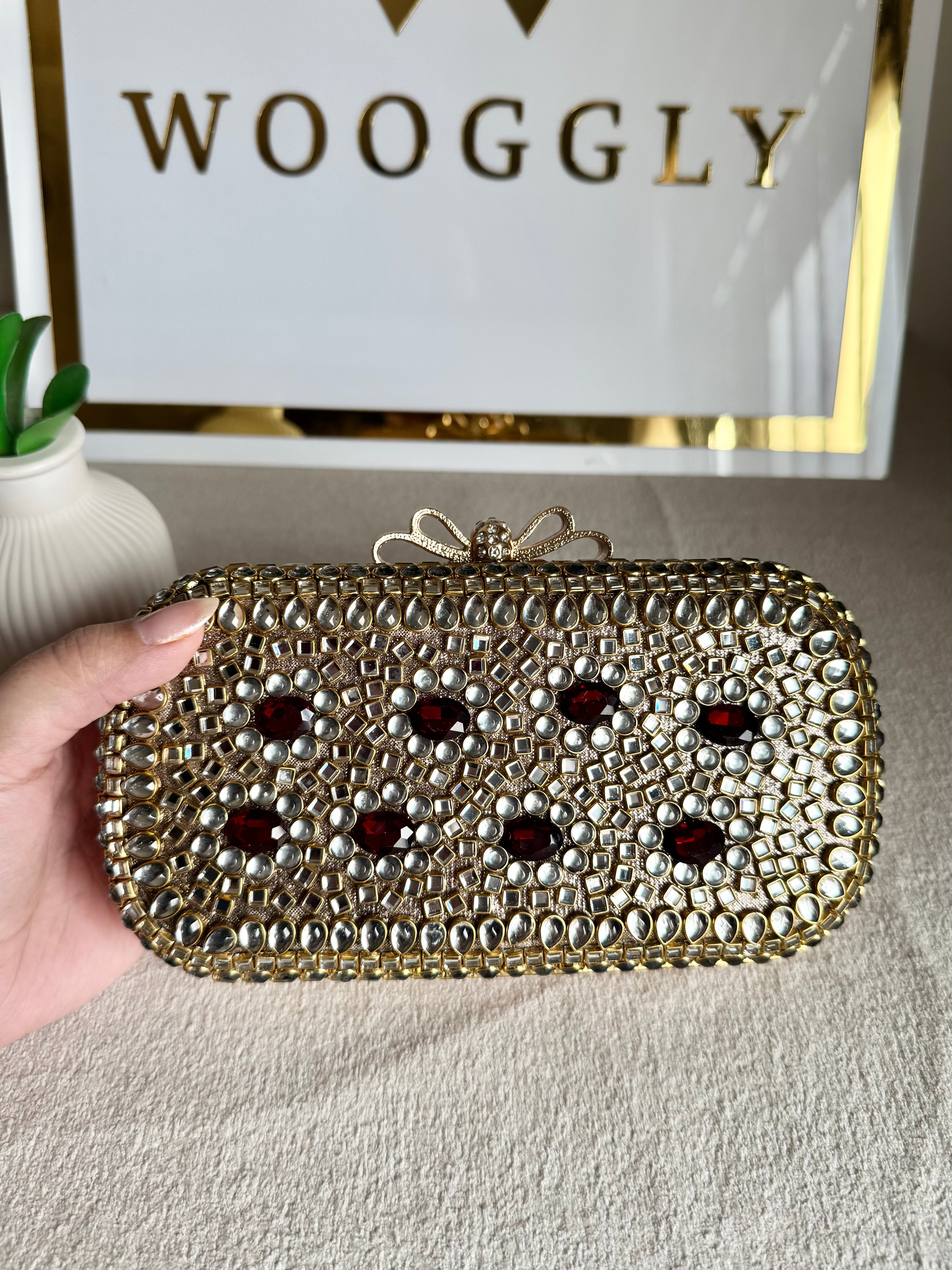 Kundan Stone Clutch - Maroon Stones