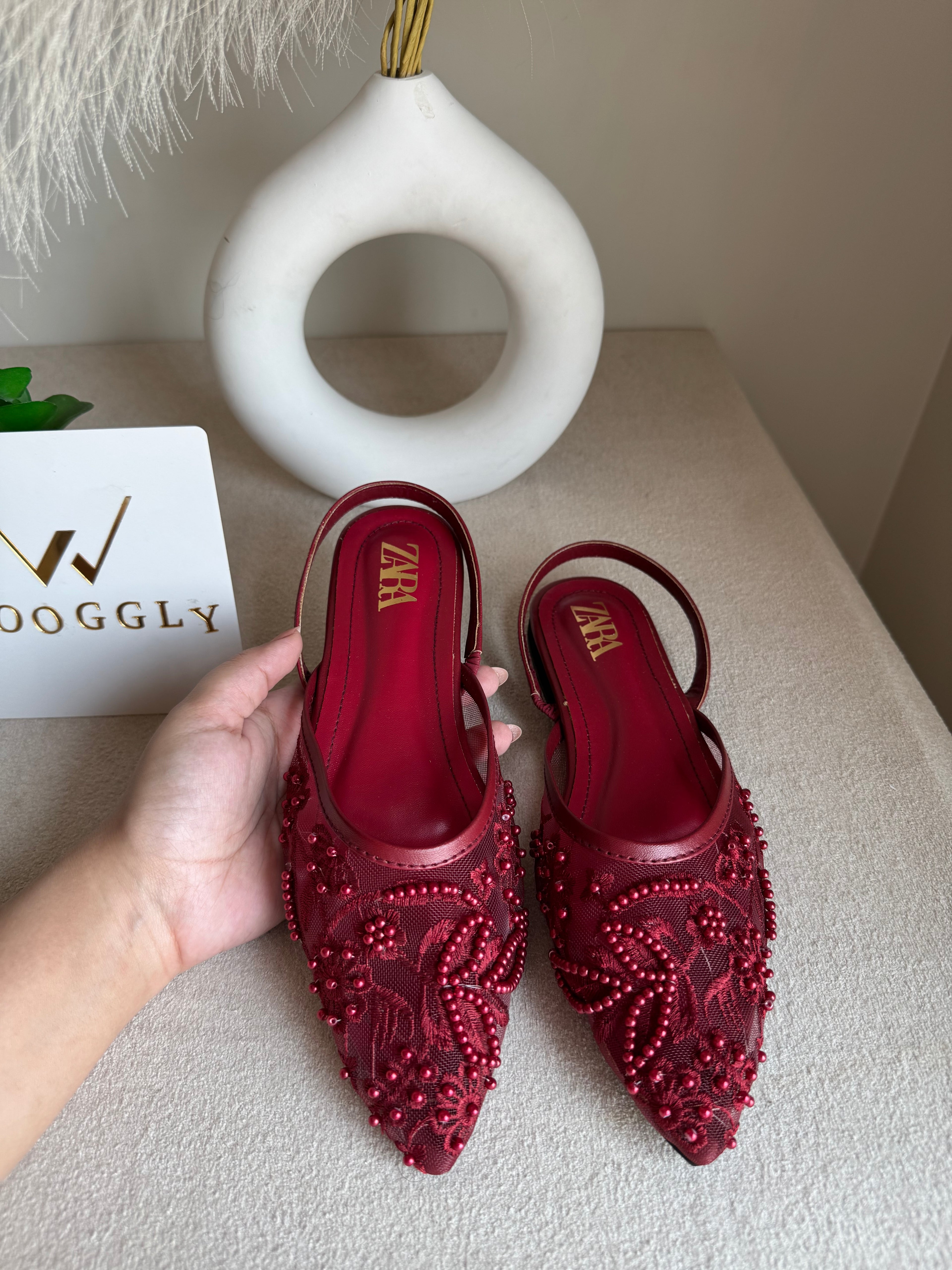 Zara Embroidered Mesh Slingback Flats  - Maroon