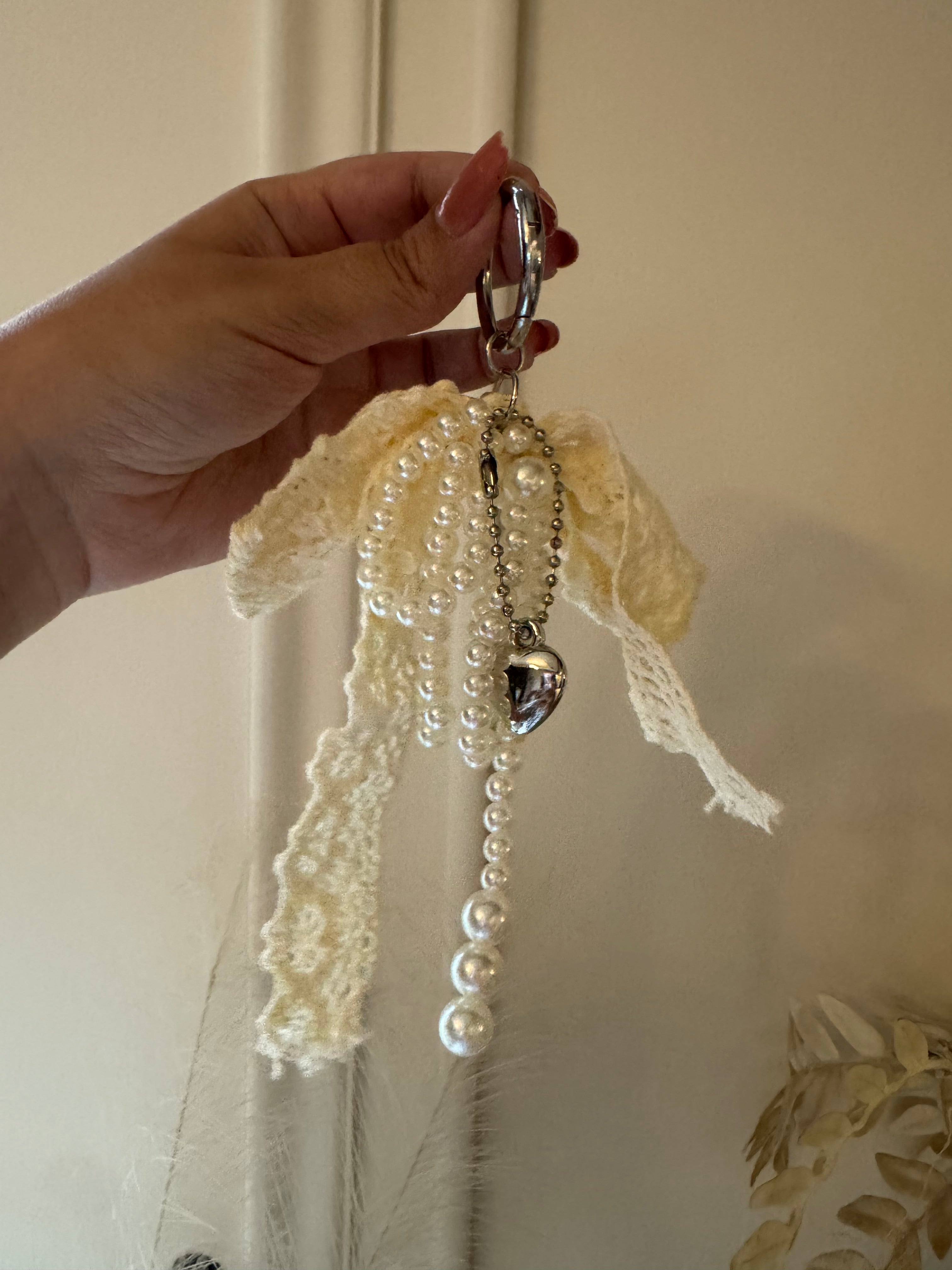 Pearl Heart Bow Bag Charm