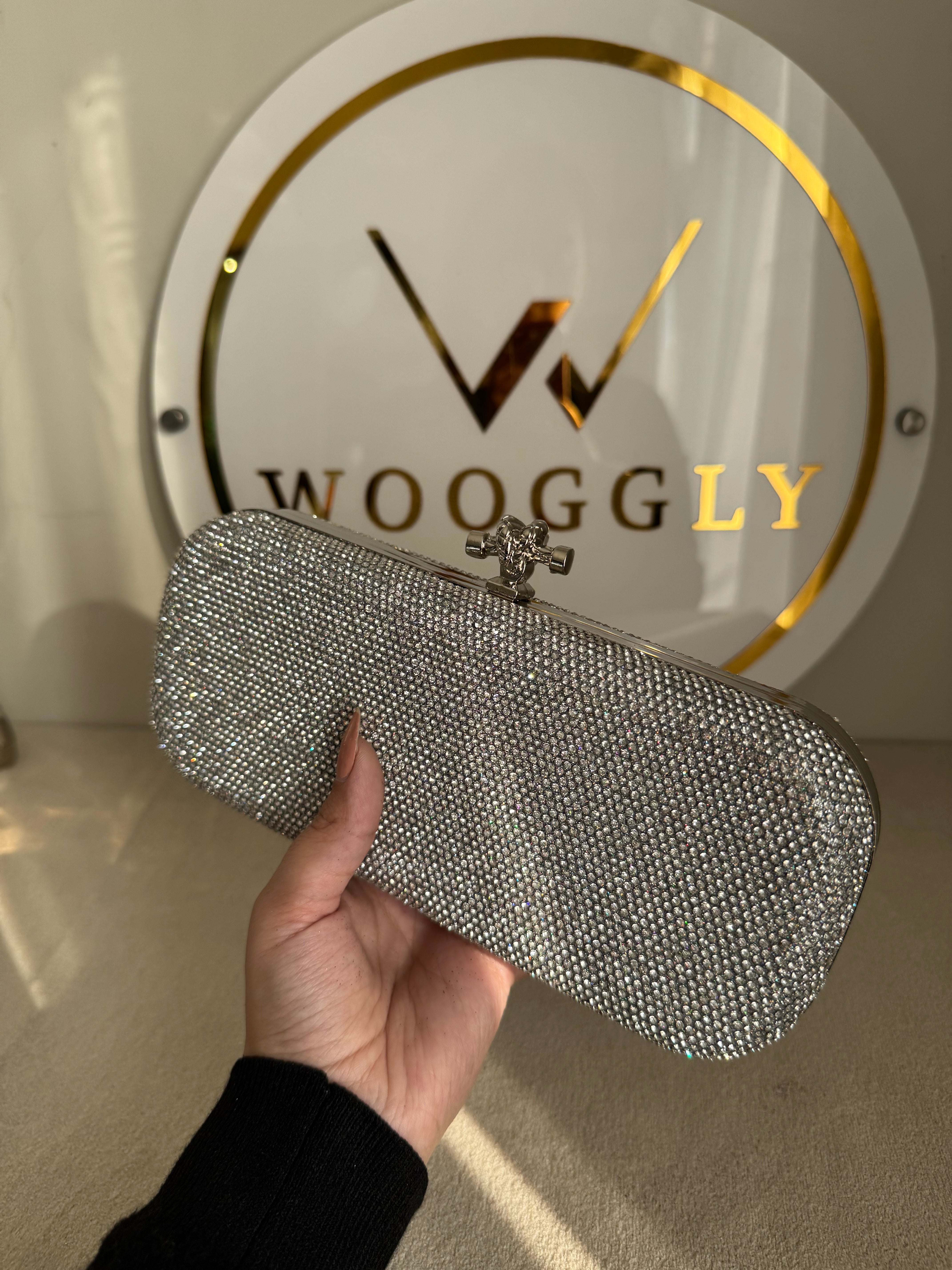 Bottega Shimmer Clutch - Silver with Chain