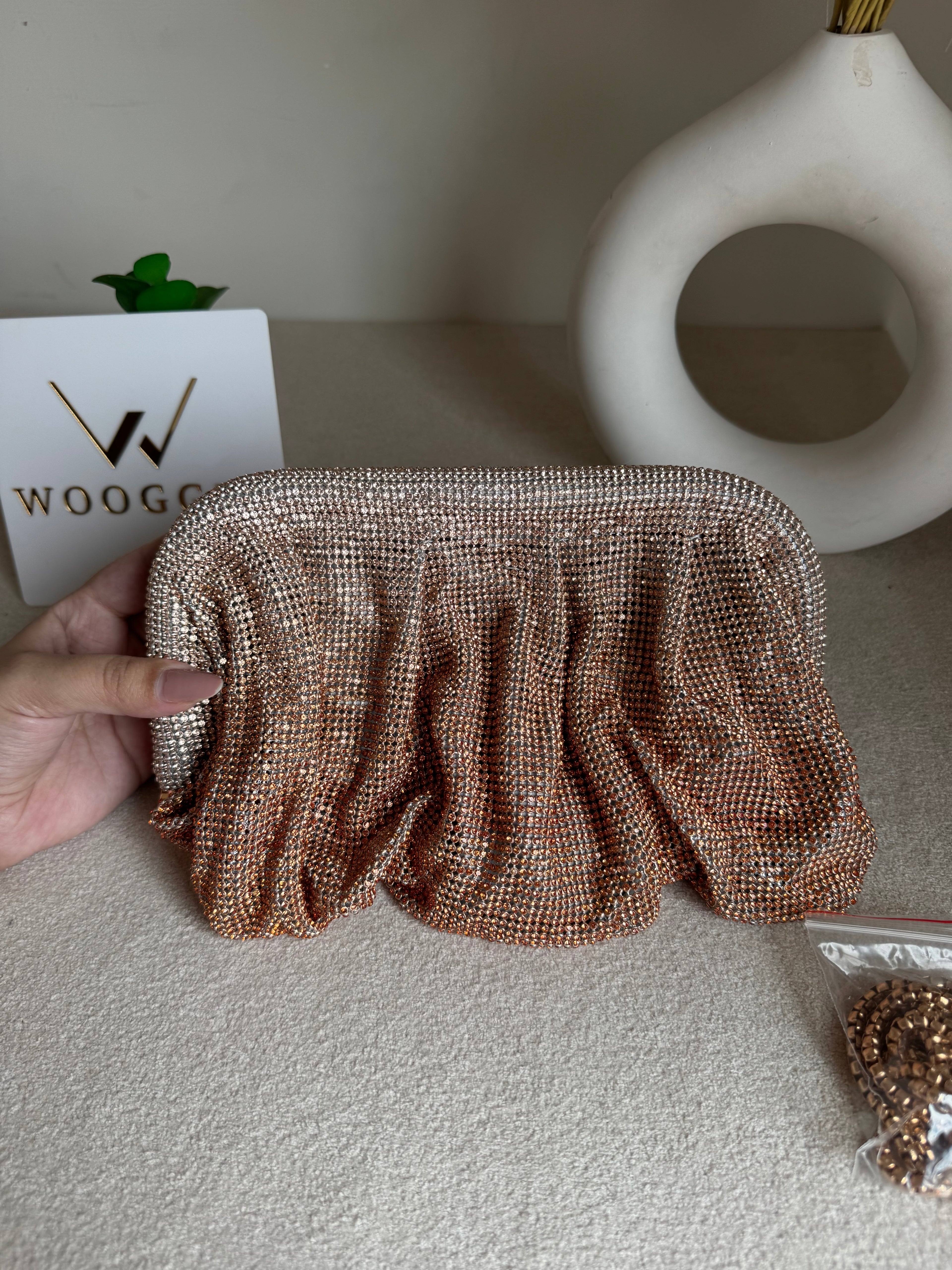 Viral High Quality Rhinestone Clutch with Chain - Rose Gold with Silver
