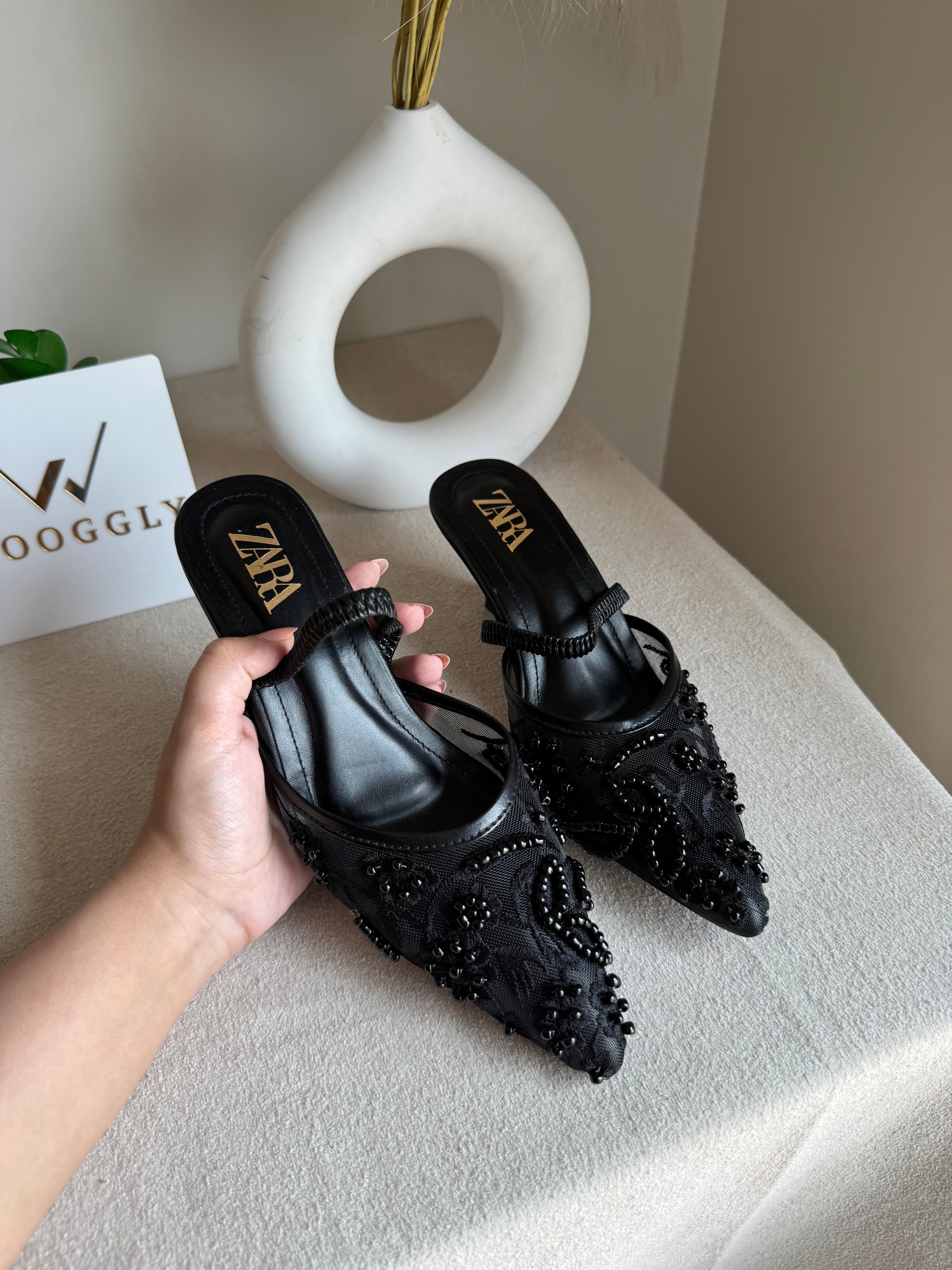 Zara Embroidered Net Heels - Black