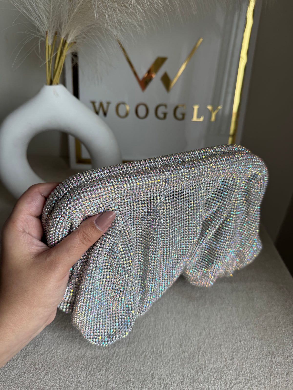 Viral High Quality Rhinestone Clutch with Chain - Silver