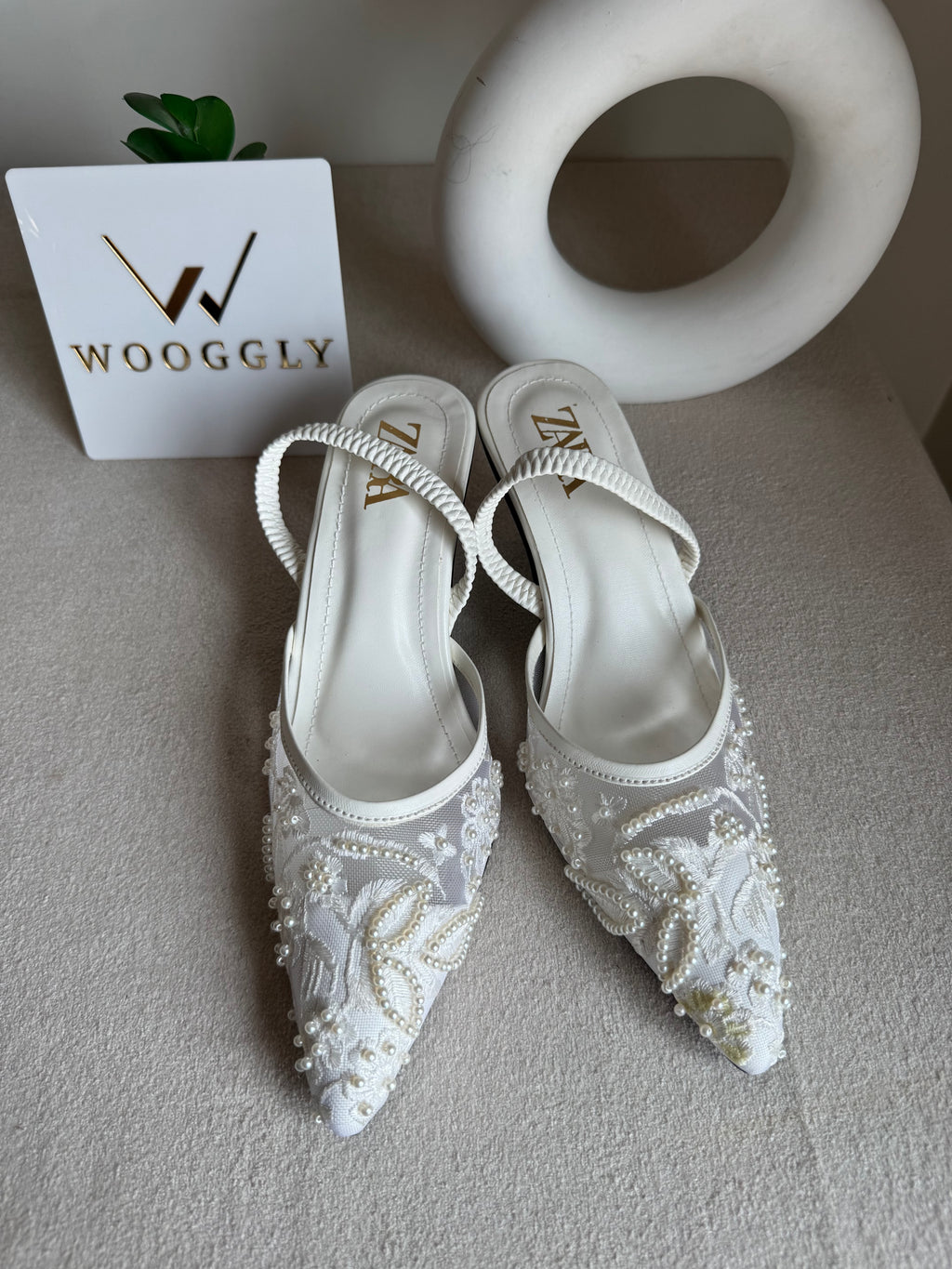 Zara Embroidered Net Heels - White