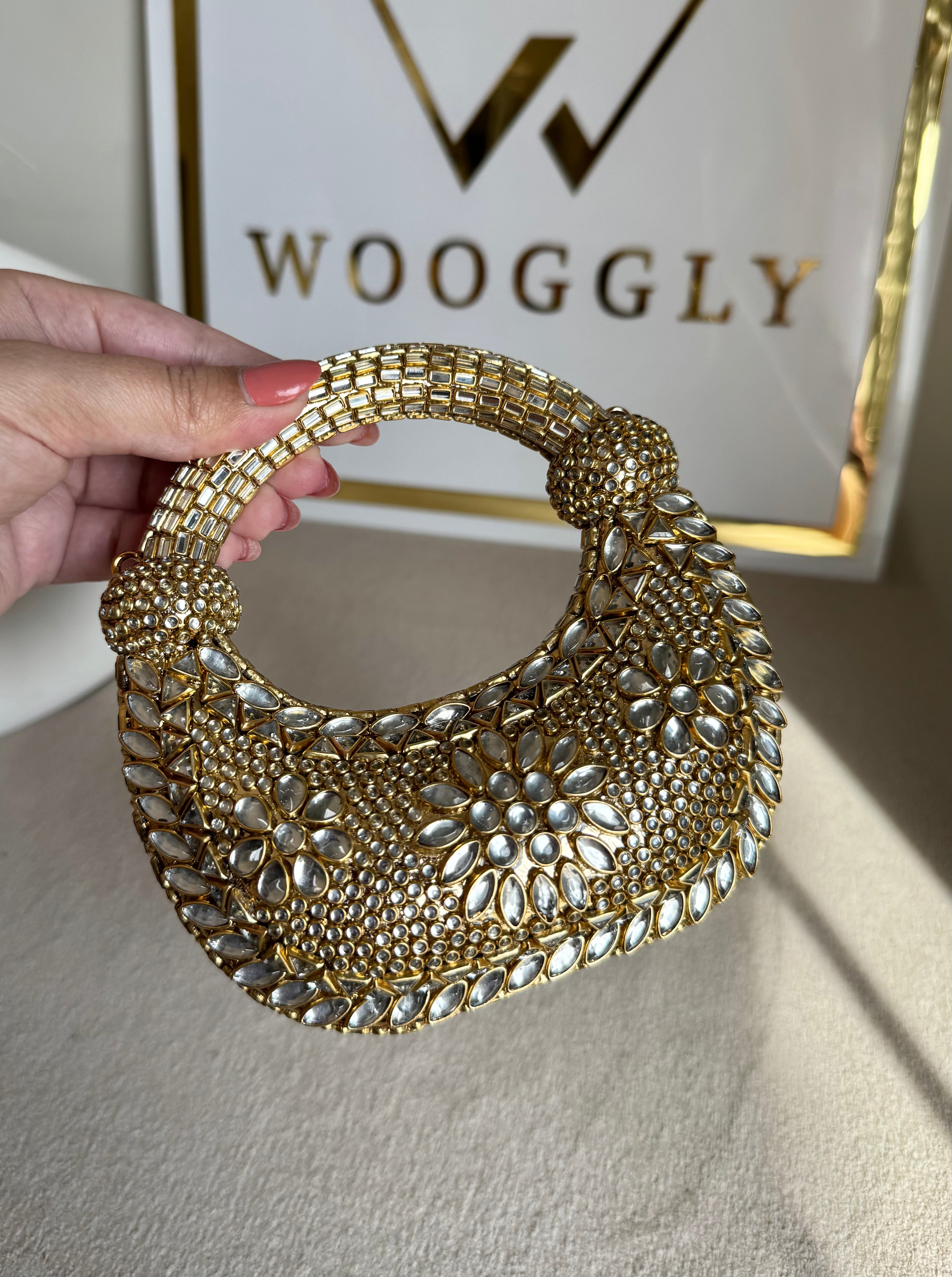 Kundan Classic Moon Clutch - Gold with Chain