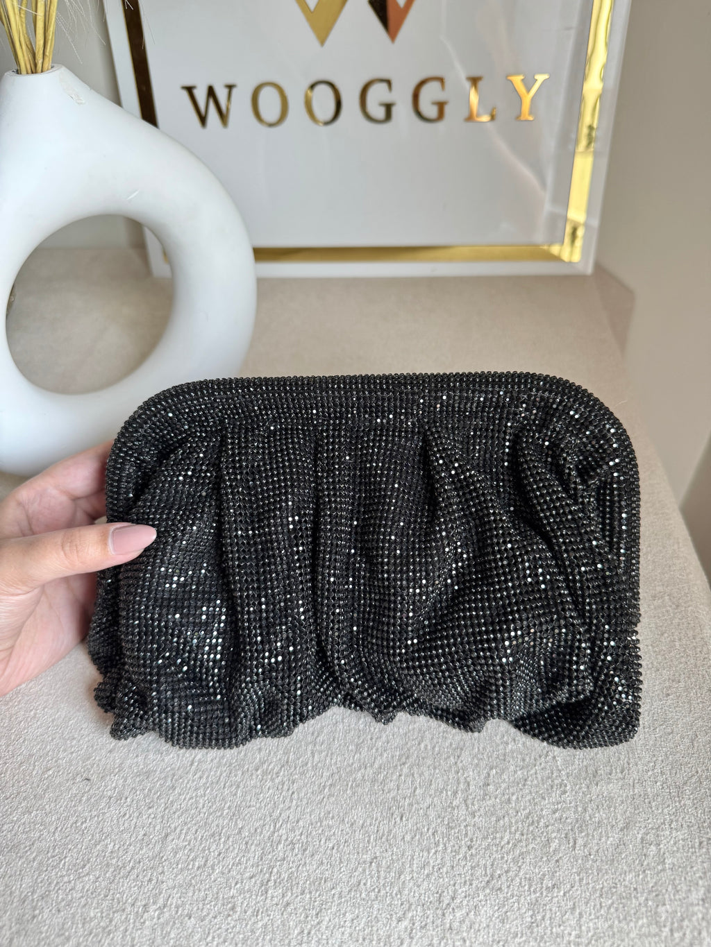 Viral High Quality Rhinestone Clutch with Chain - Shimmer Black