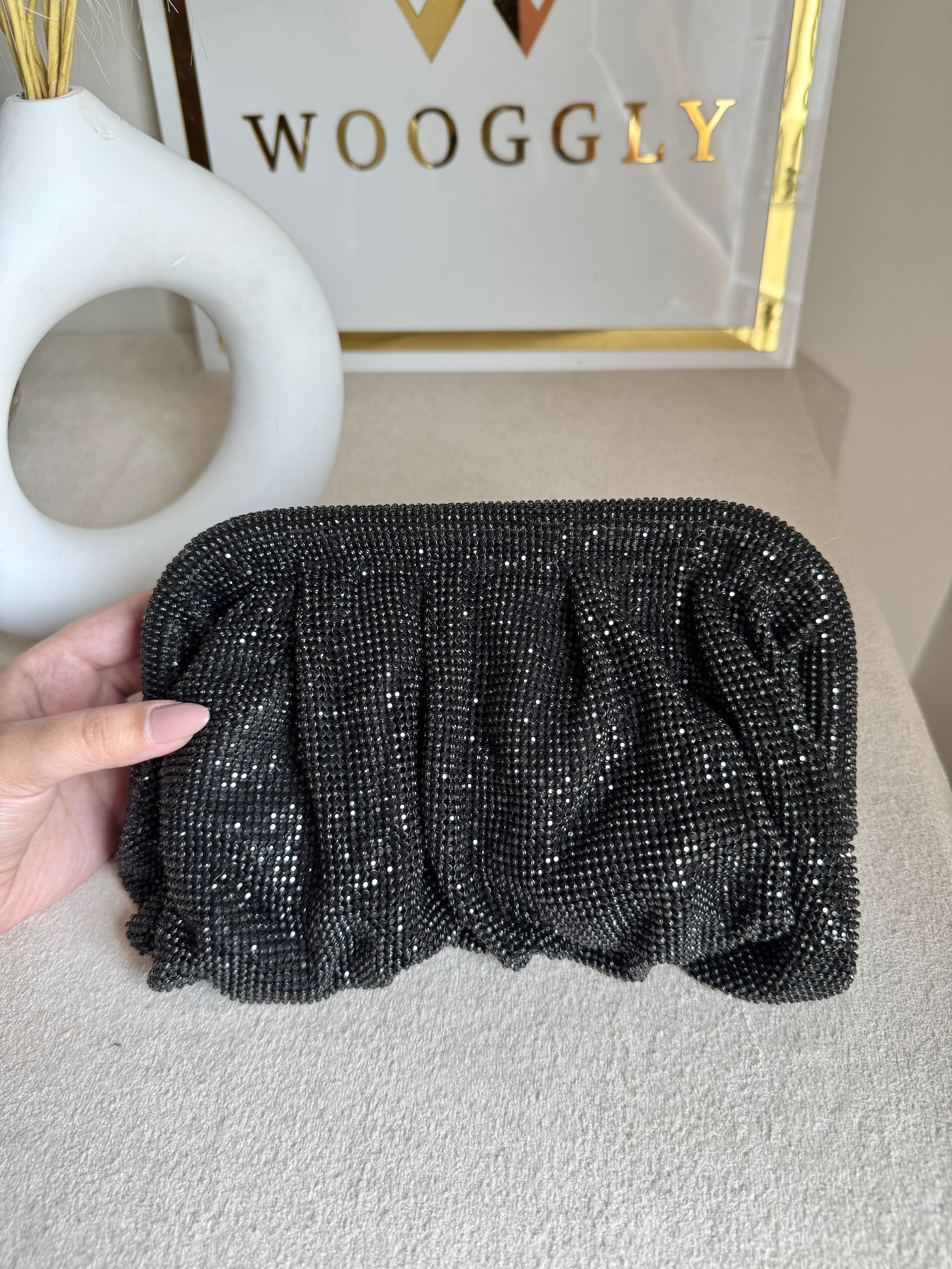 Viral High Quality Rhinestone Clutch with Chain - Shimmer Black