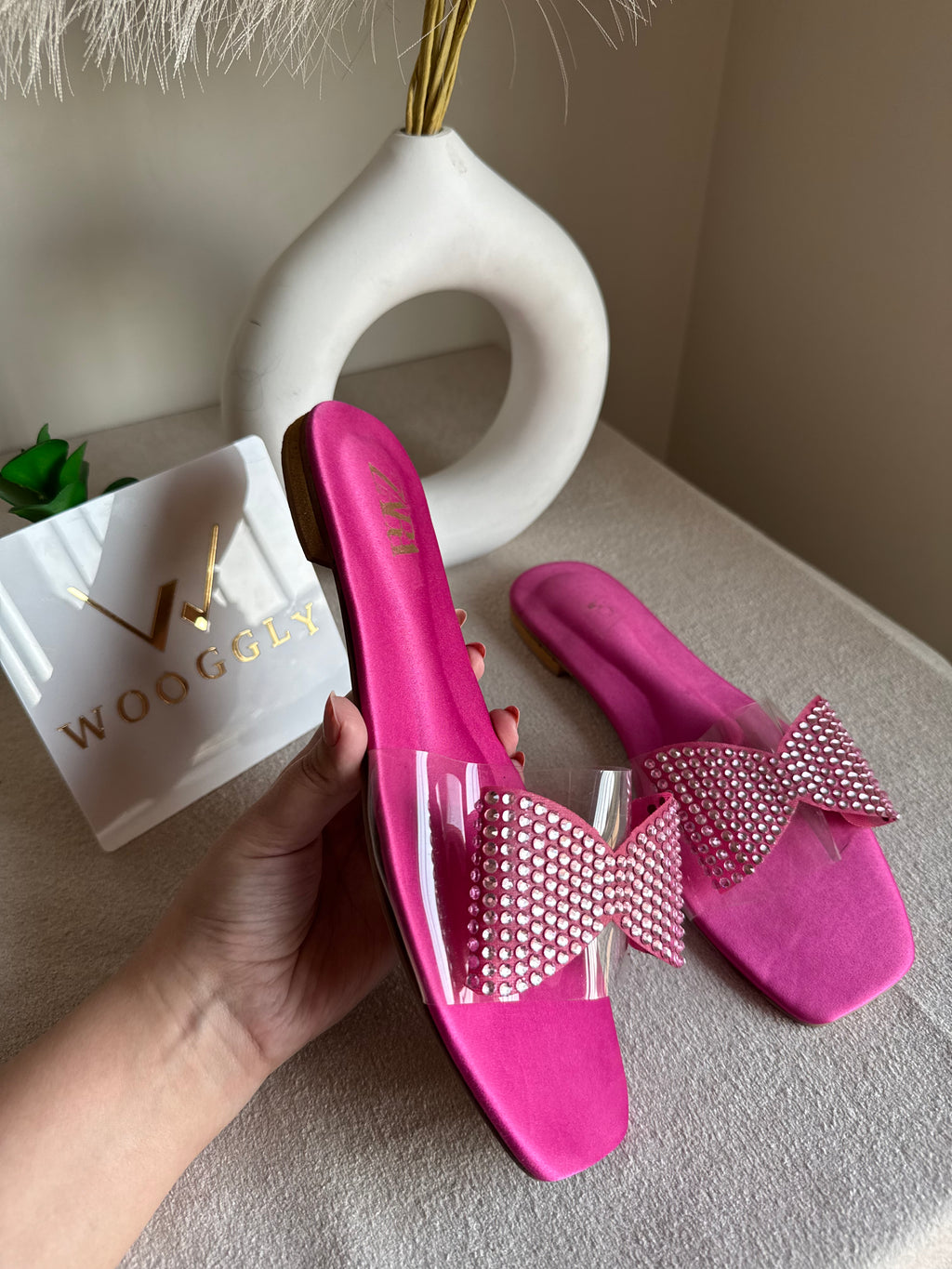 Zara Glitter Bow Slides - Hot Pink