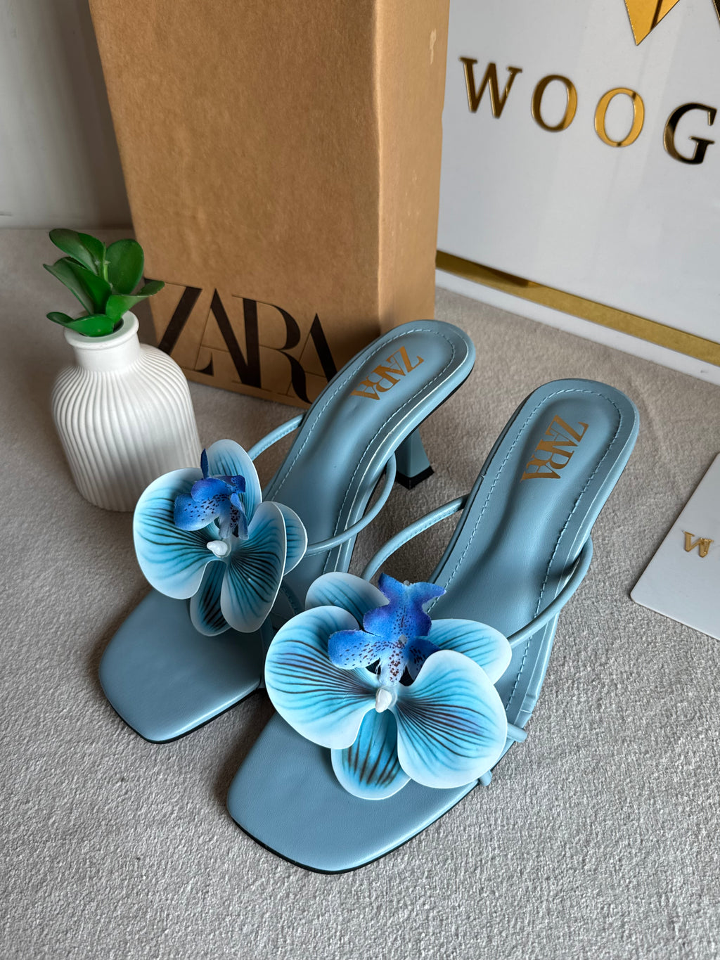 Zara Flower Heels BABY BLUE- with Brand Box
