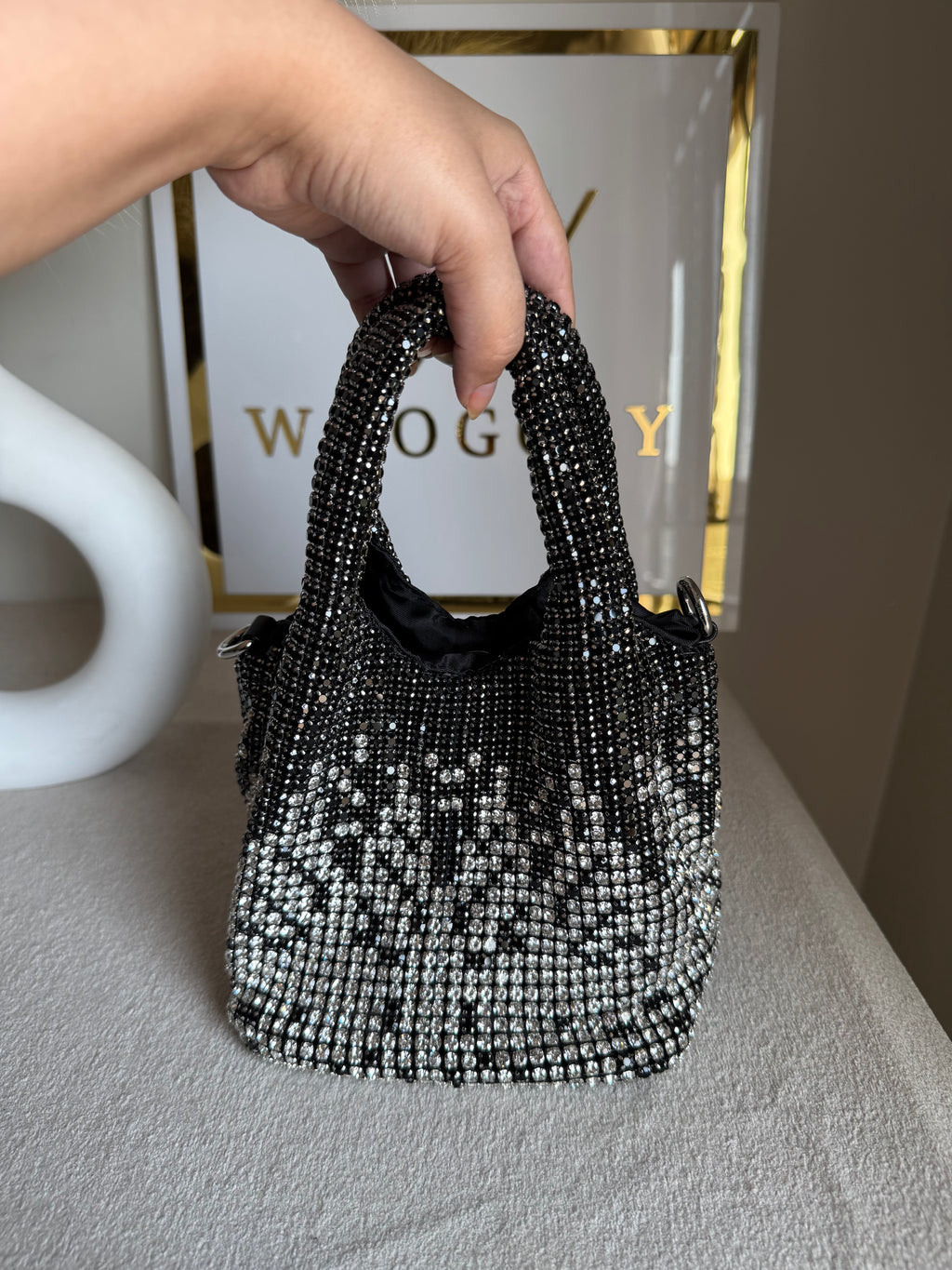 Party Wear Rhinestone Bucket Bag - Black