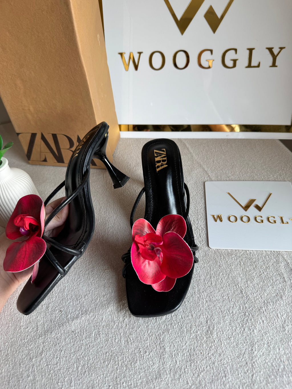 Zara Flower Heels BLACK WITH RED with Brand Box