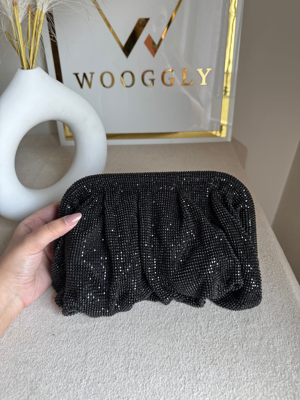 Viral High Quality Rhinestone Clutch with Chain - Shimmer Black