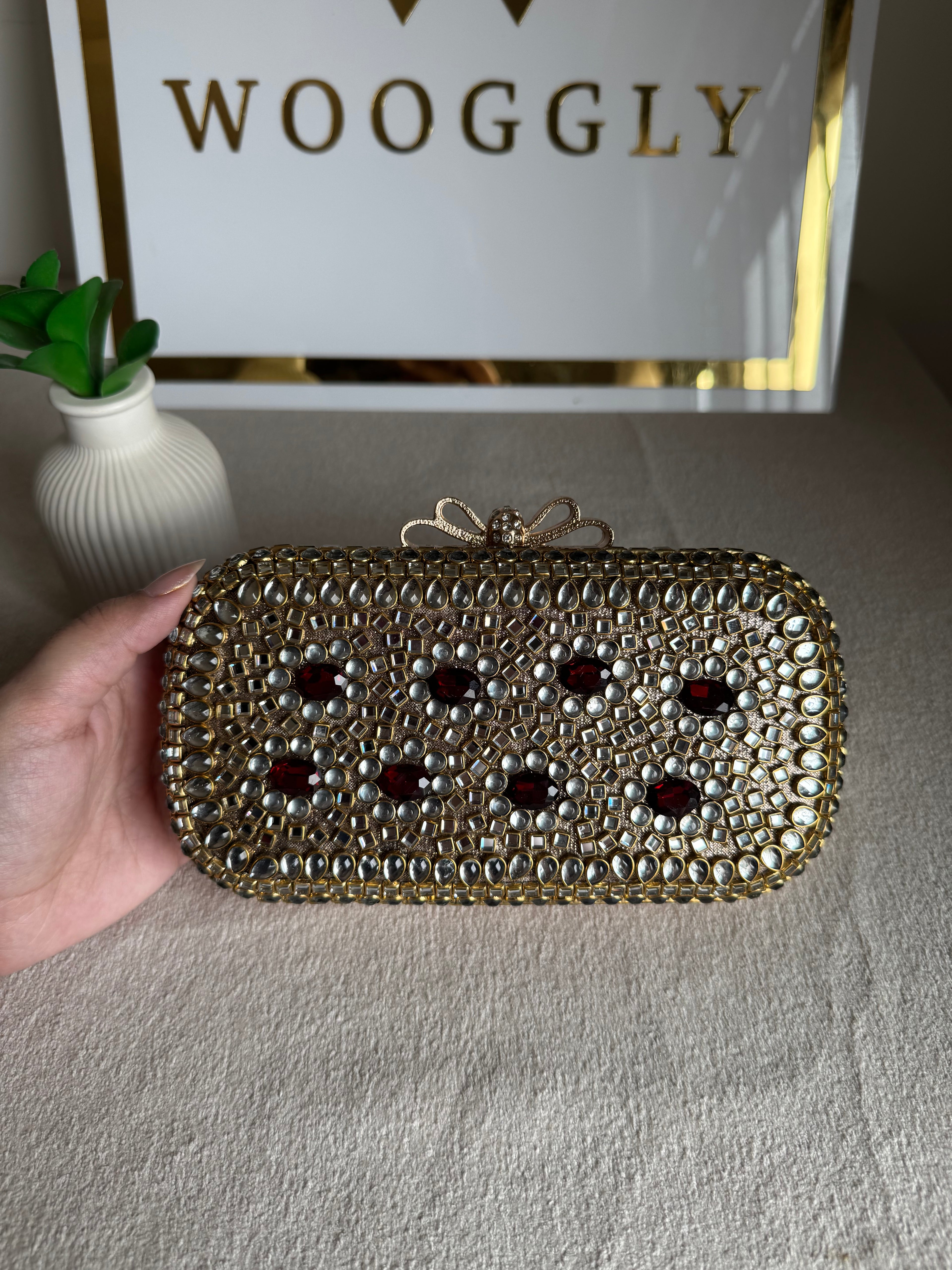 Kundan Stone Clutch - Maroon Stones