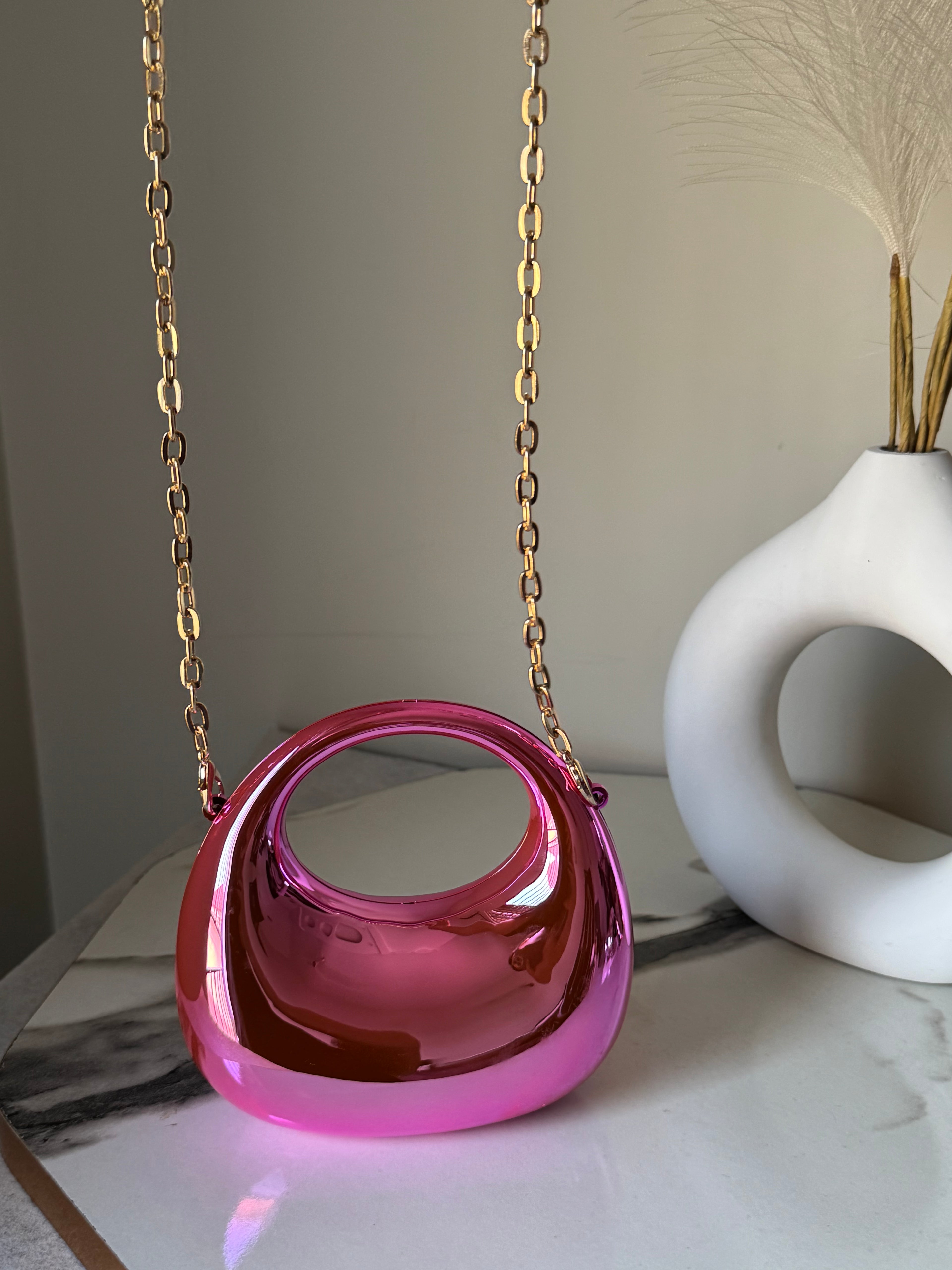Viral Metallic Clutch with Chain - Mini Pink