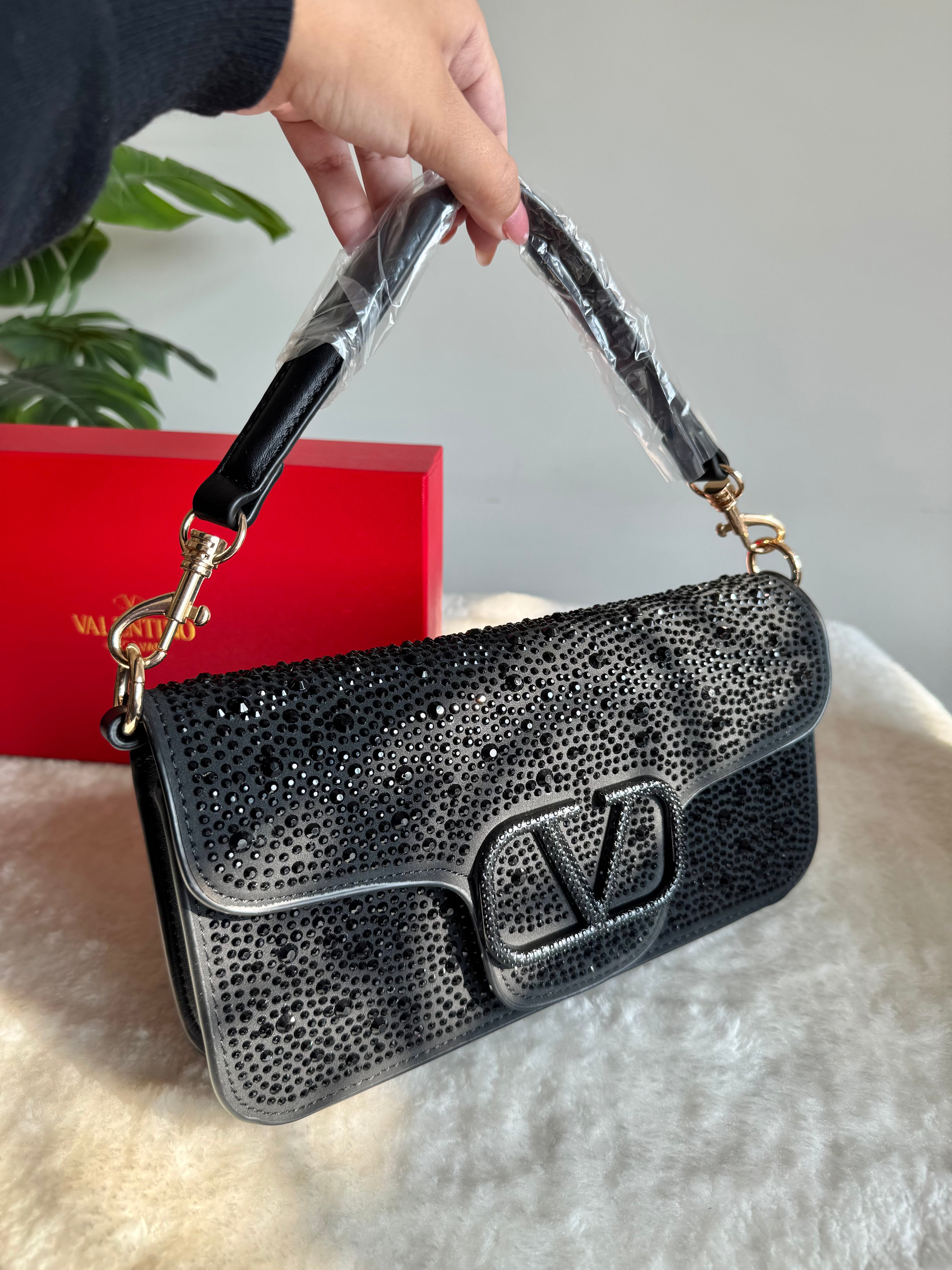 Valentino Loco Rhinestone PREMIUM Handbag with Box Packing - Black