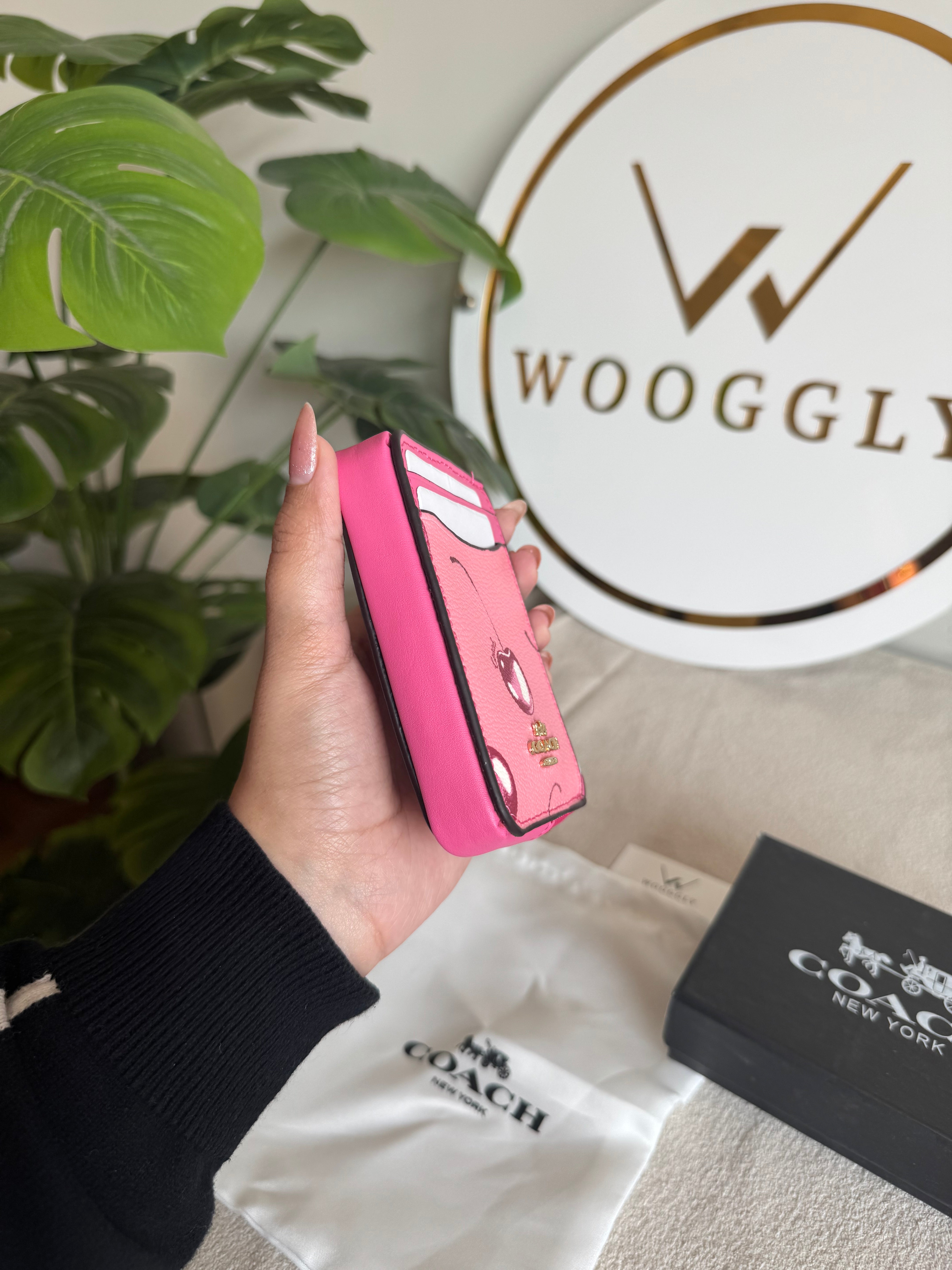 Coach Zip Card Case with Box Packing - Pink with Cherry