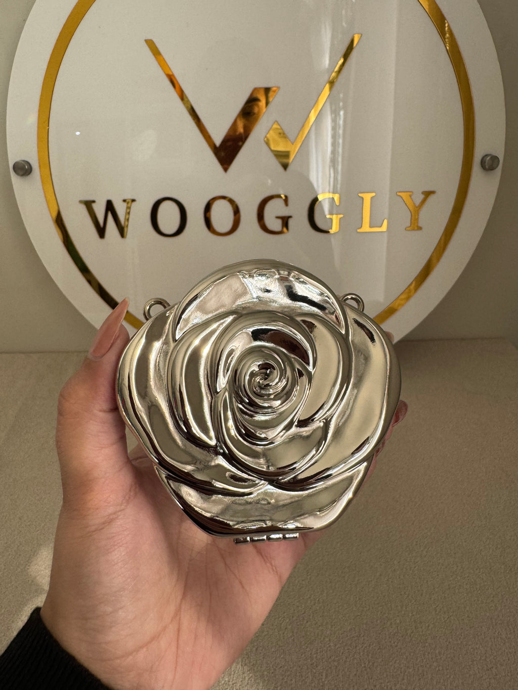 Metallic Rose Clutch with Chain - Mini Silver