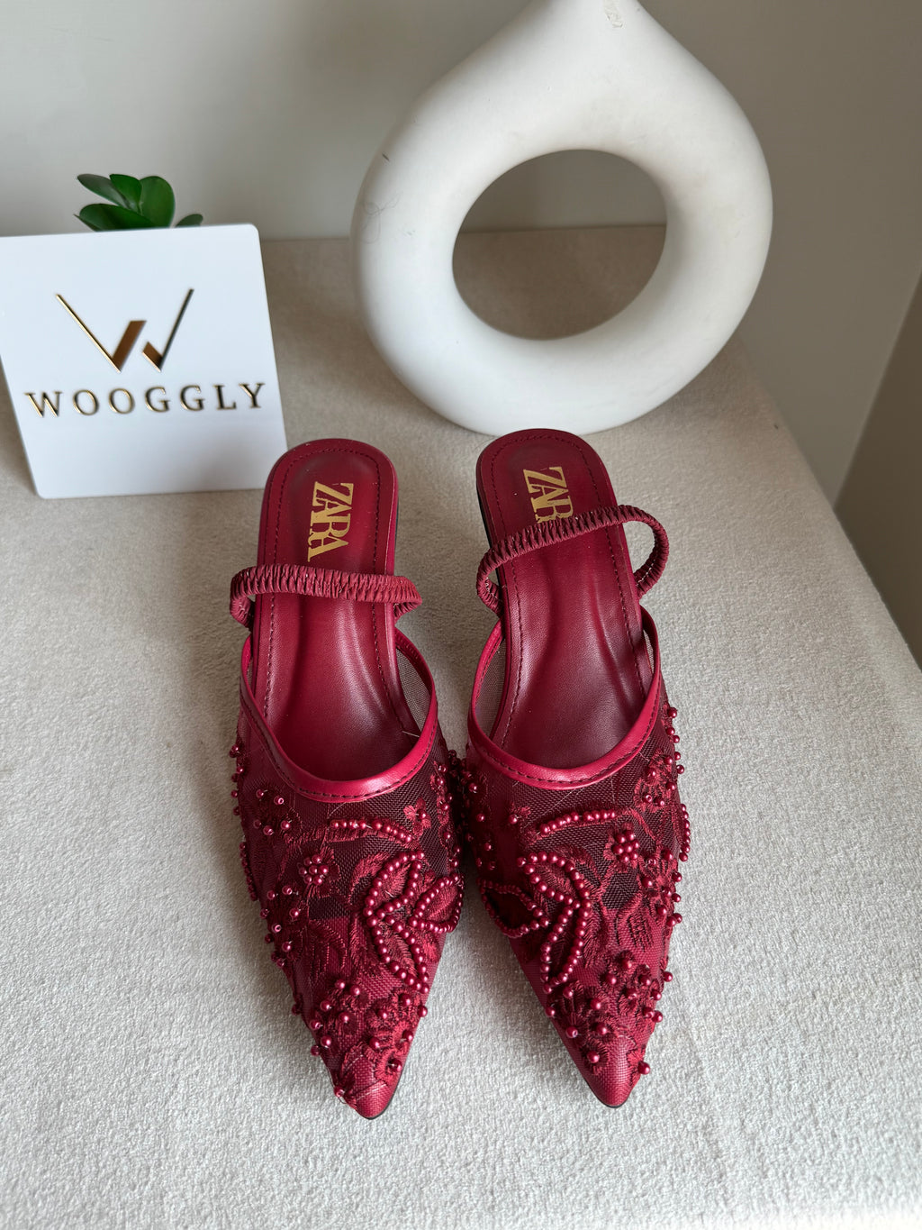 Zara Embroidered Net Heels - Maroon