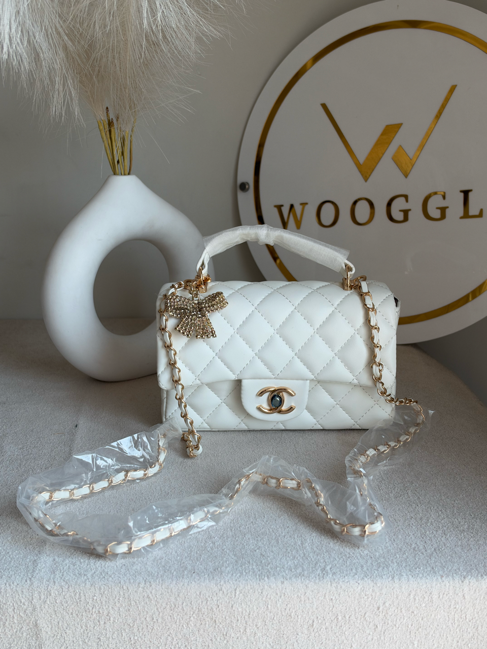 Daily Muse Quilted Crossbody Bag with Bow Charm & Box Packing - White