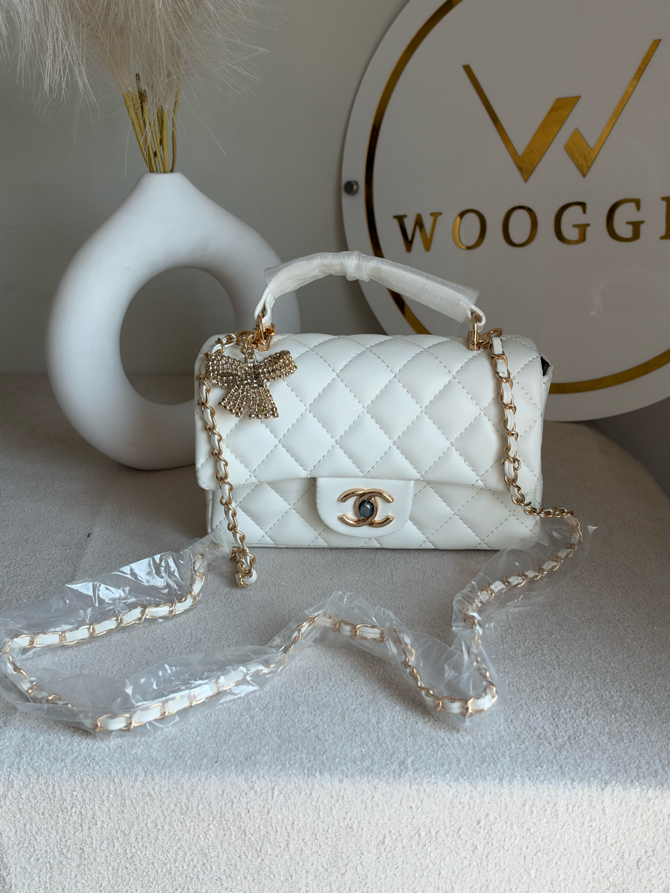 Daily Muse Quilted Crossbody Bag with Bow Charm & Box Packing - White