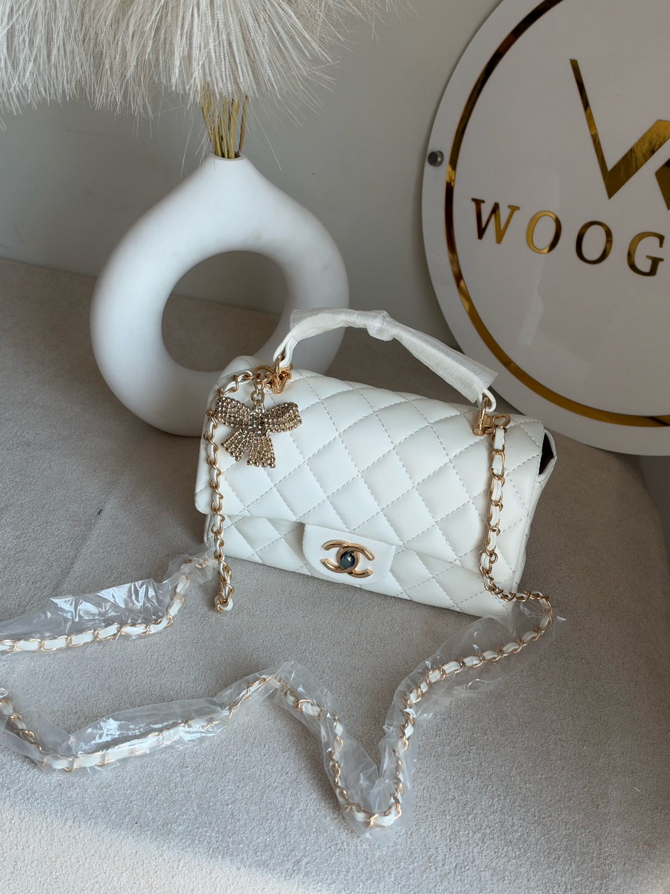 Daily Muse Quilted Crossbody Bag with Bow Charm & Box Packing - White