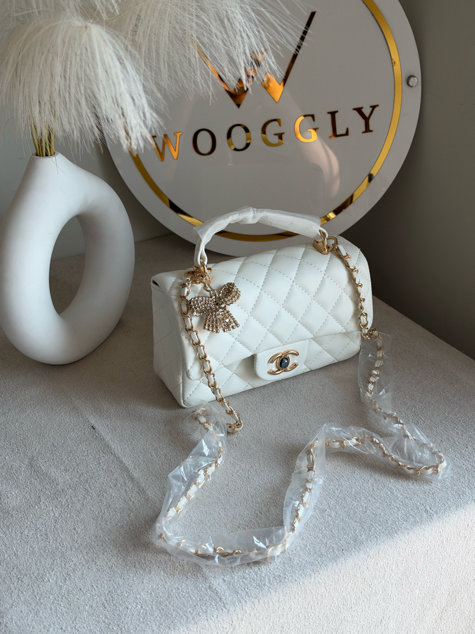 Daily Muse Quilted Crossbody Bag with Bow Charm & Box Packing - White