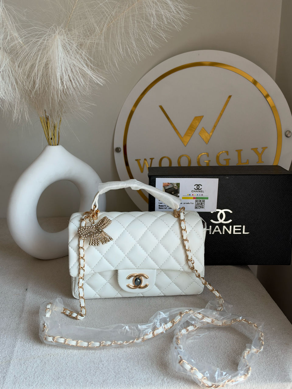 Daily Muse Quilted Crossbody Bag with Bow Charm & Box Packing - White
