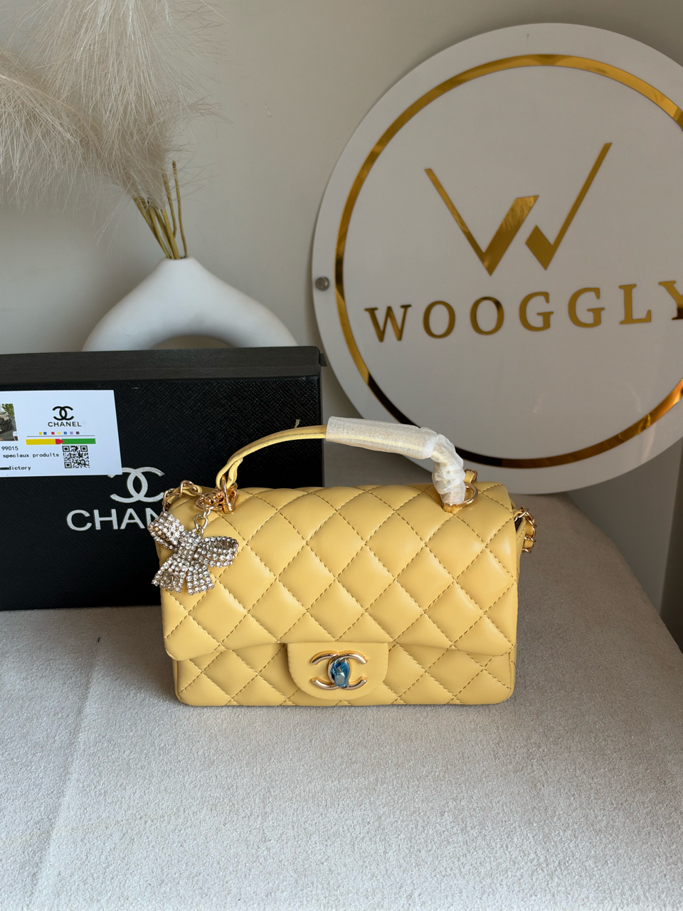 Daily Muse Quilted Crossbody Bag with Bow Charm & Box Packing - Butter Yellow